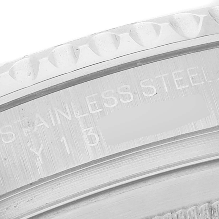 The image shows a close-up angle of the stainless steel bezel and engraved text on the Rolex Yacht-Master 16622 Men
s Stainless Steel Silver Dial 16622 Men
s Stainless Steel Silver Dial watch.