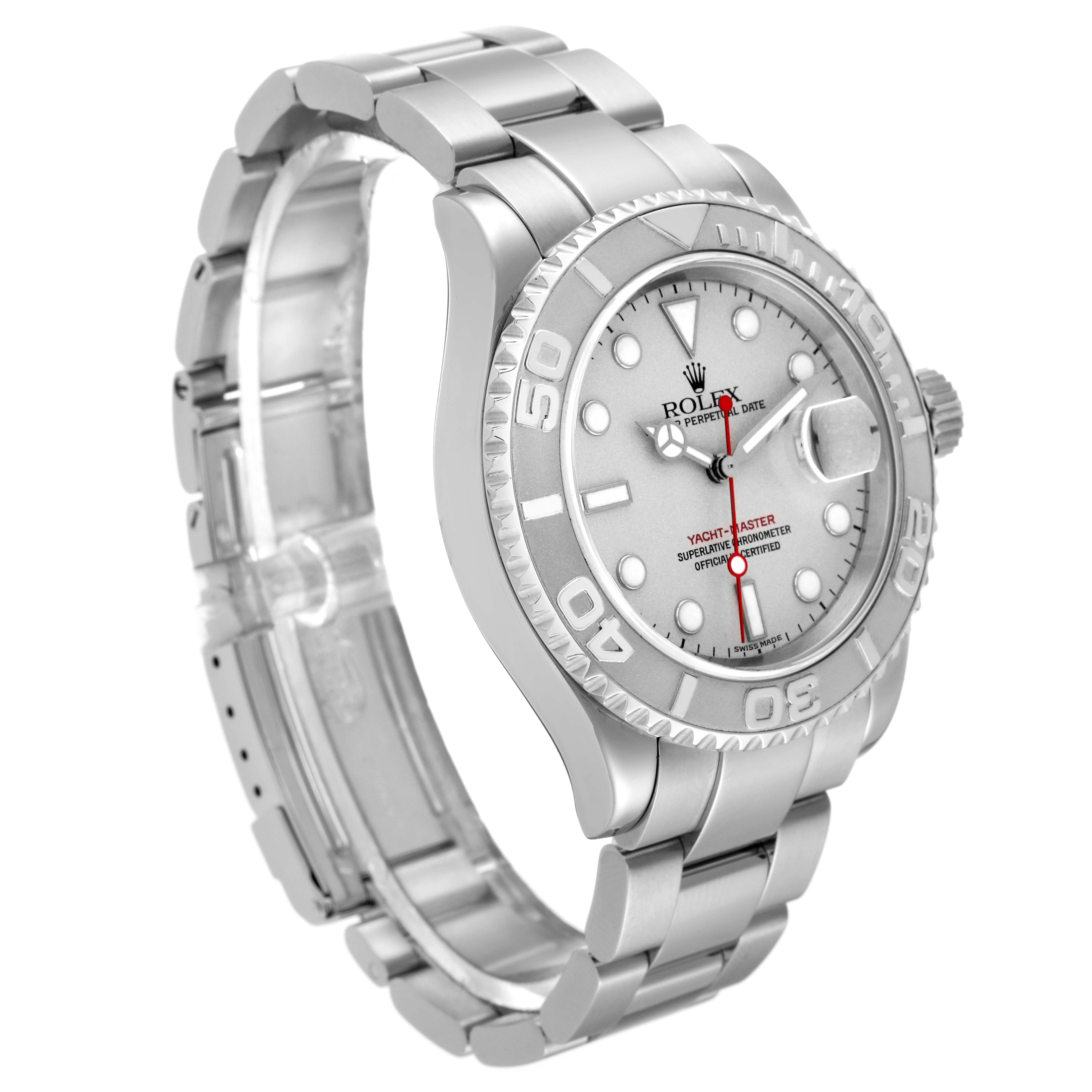 The image shows a side angle of the Rolex Yacht-Master 16622 Men
s Stainless Steel Silver Dial 16622 Men
s Stainless Steel Silver Dial watch, highlighting the bracelet, case, bezel, and dial.