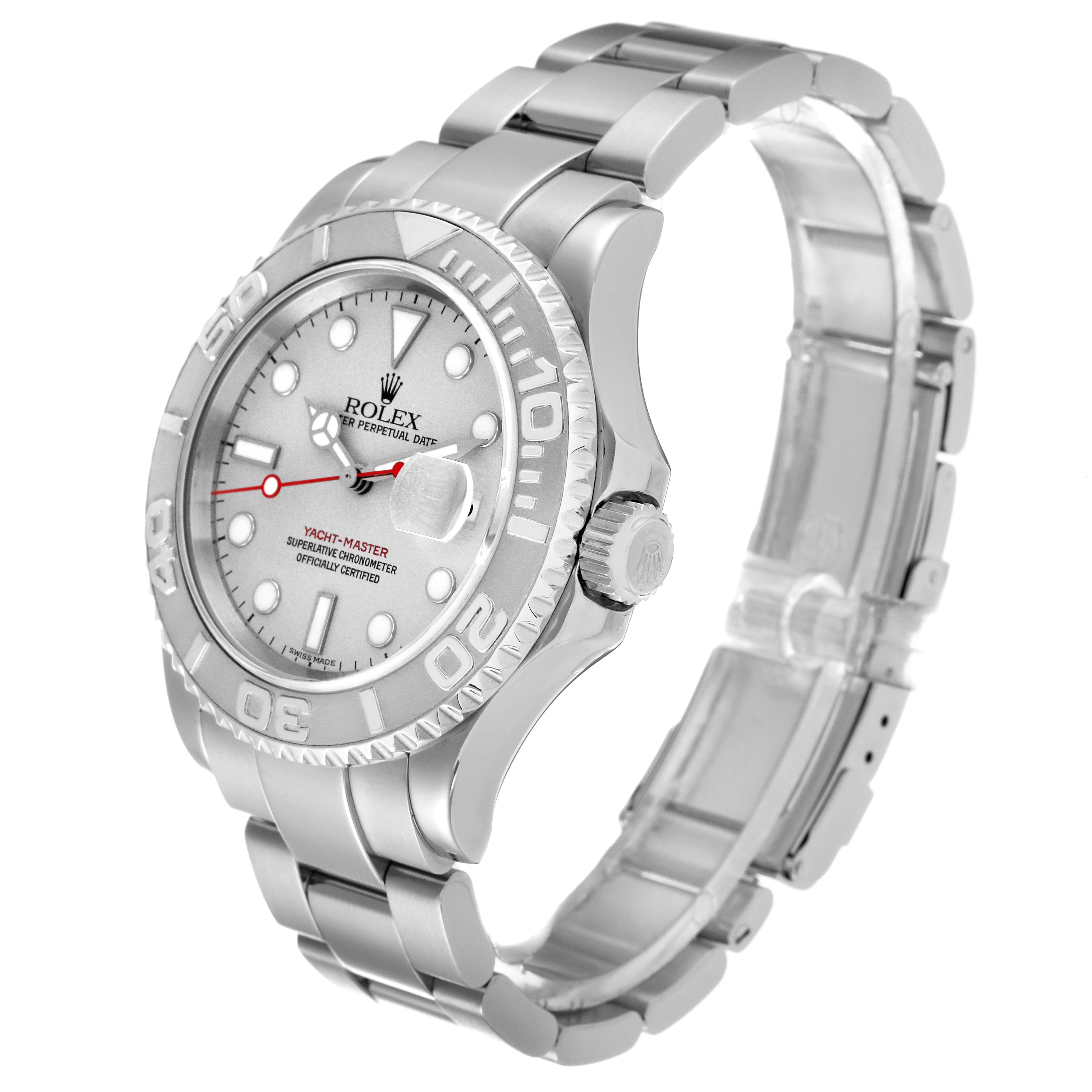 The image shows a Rolex Yacht-Master 16622 Men
s Stainless Steel Silver Dial 16622 Men
s Stainless Steel Silver Dial watch from a three-quarter angle, highlighting the face, bezel, crown, and bracelet.