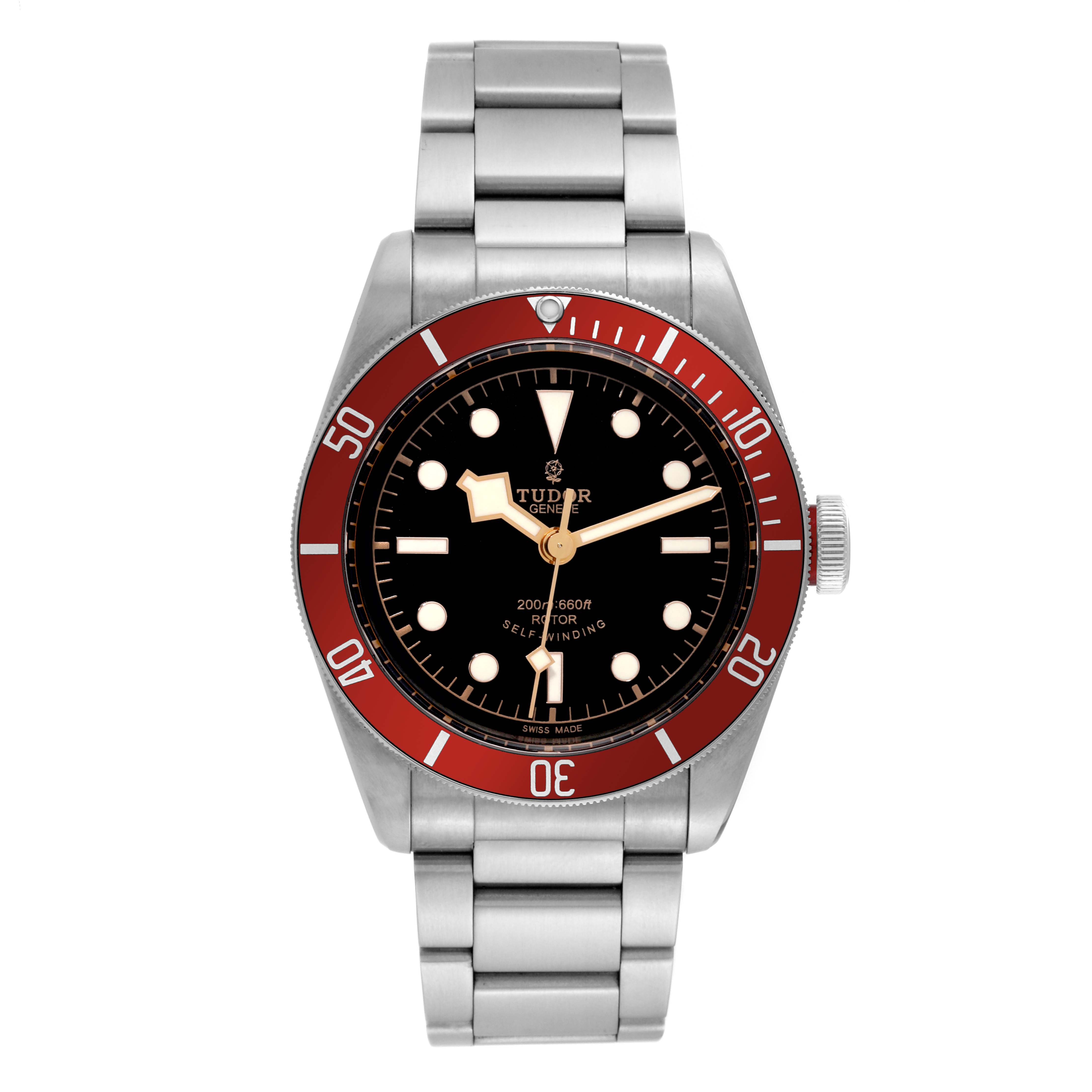 The image shows a front view of the Tudor Heritage Black Bay 79220R Men
s Stainless Steel Black Dial 79220R Men
s Stainless Steel Black Dial watch, featuring its dial, bezel, and bracelet.