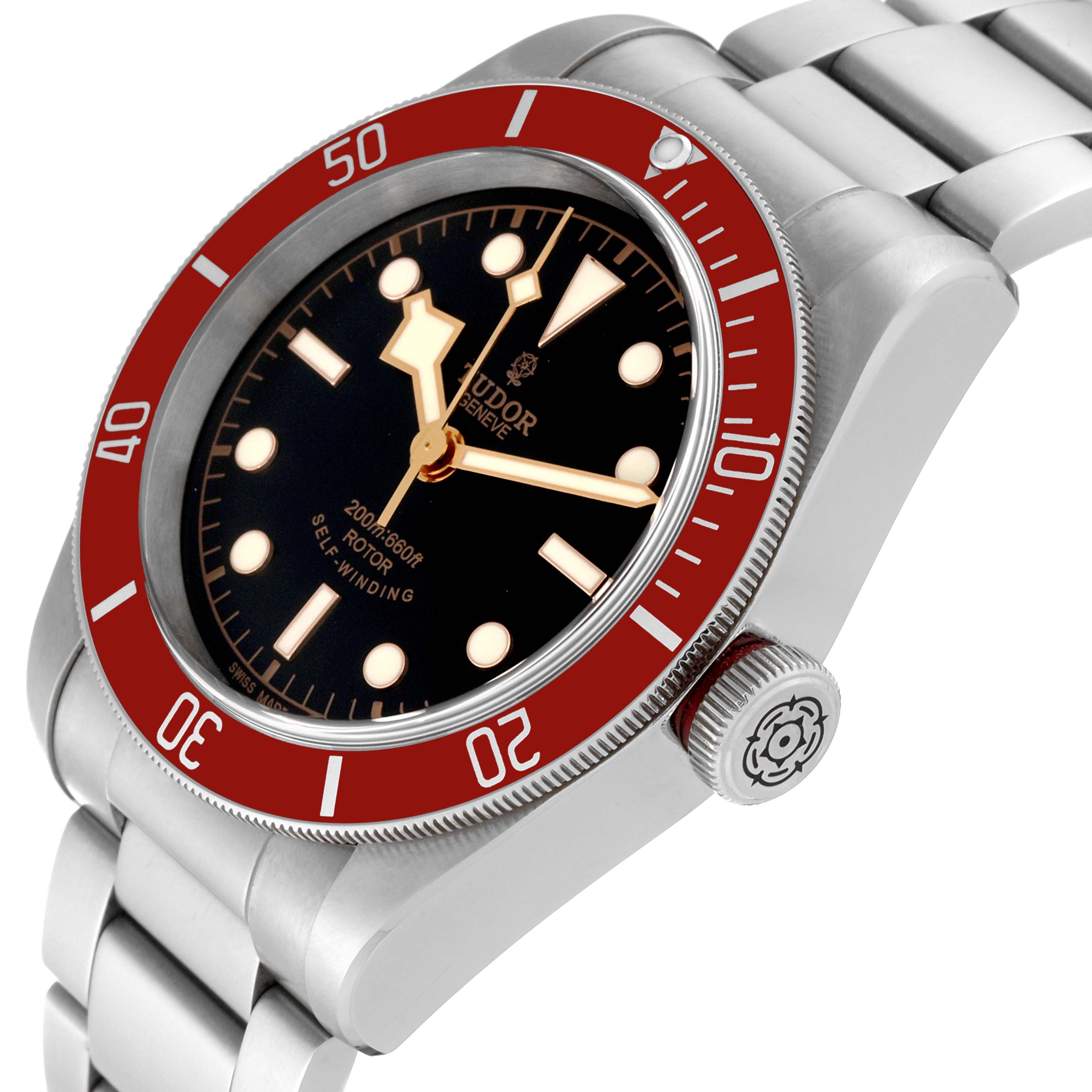 The Tudor Heritage Black Bay 79220R Men
s Stainless Steel Black Dial 79220R Men
s Stainless Steel Black Dial watch is shown from an angled view highlighting the dial, bezel, crown, and part of the bracelet.