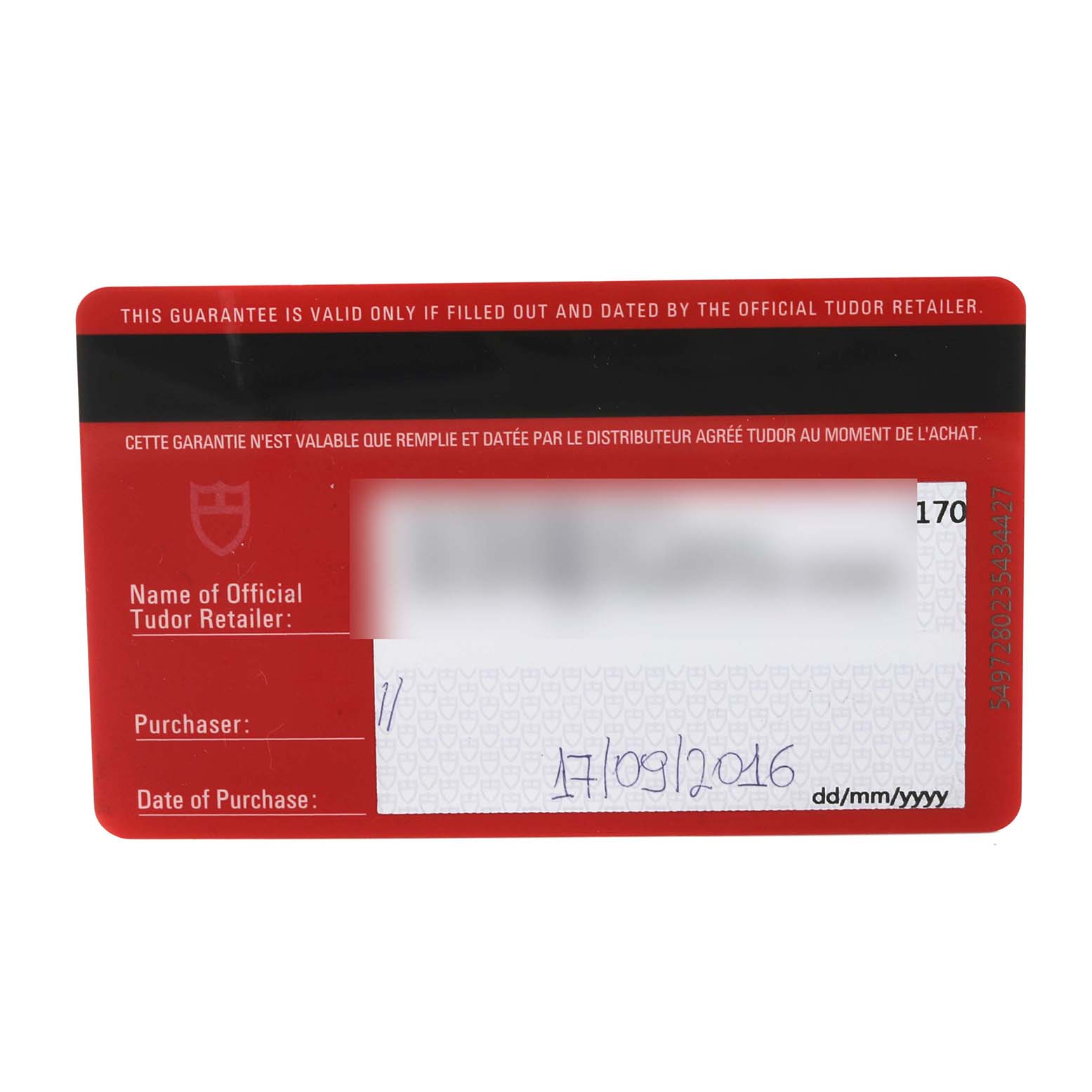 The image displays a guarantee card for the Tudor Heritage Black Bay 79220R Men
s Stainless Steel Black Dial 79220R Men
s Stainless Steel Black Dial watch.