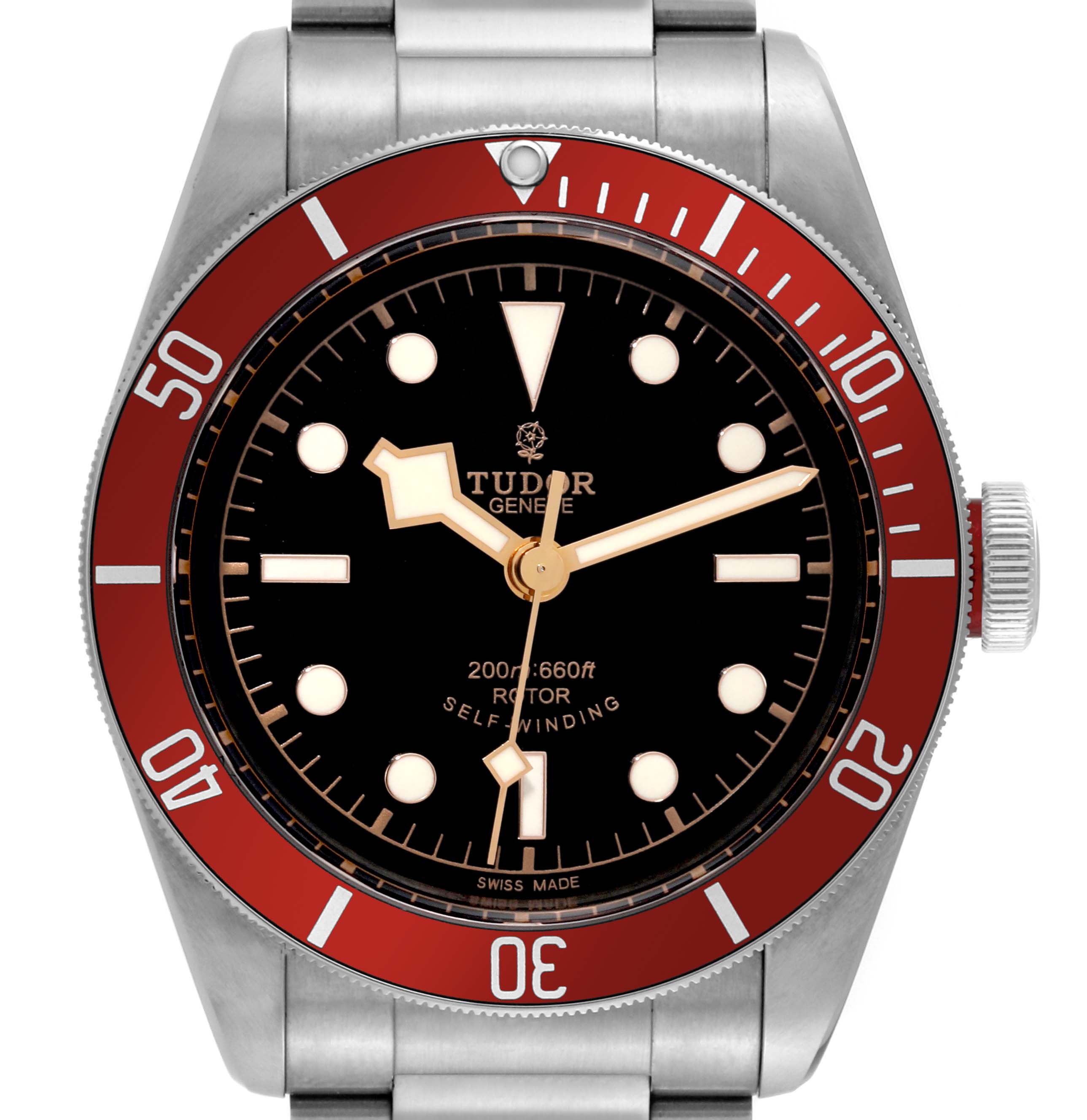 This is a front-facing view of the Heritage Black Bay model by Tudor, showing the dial, bezel, crown, and part of the bracelet.