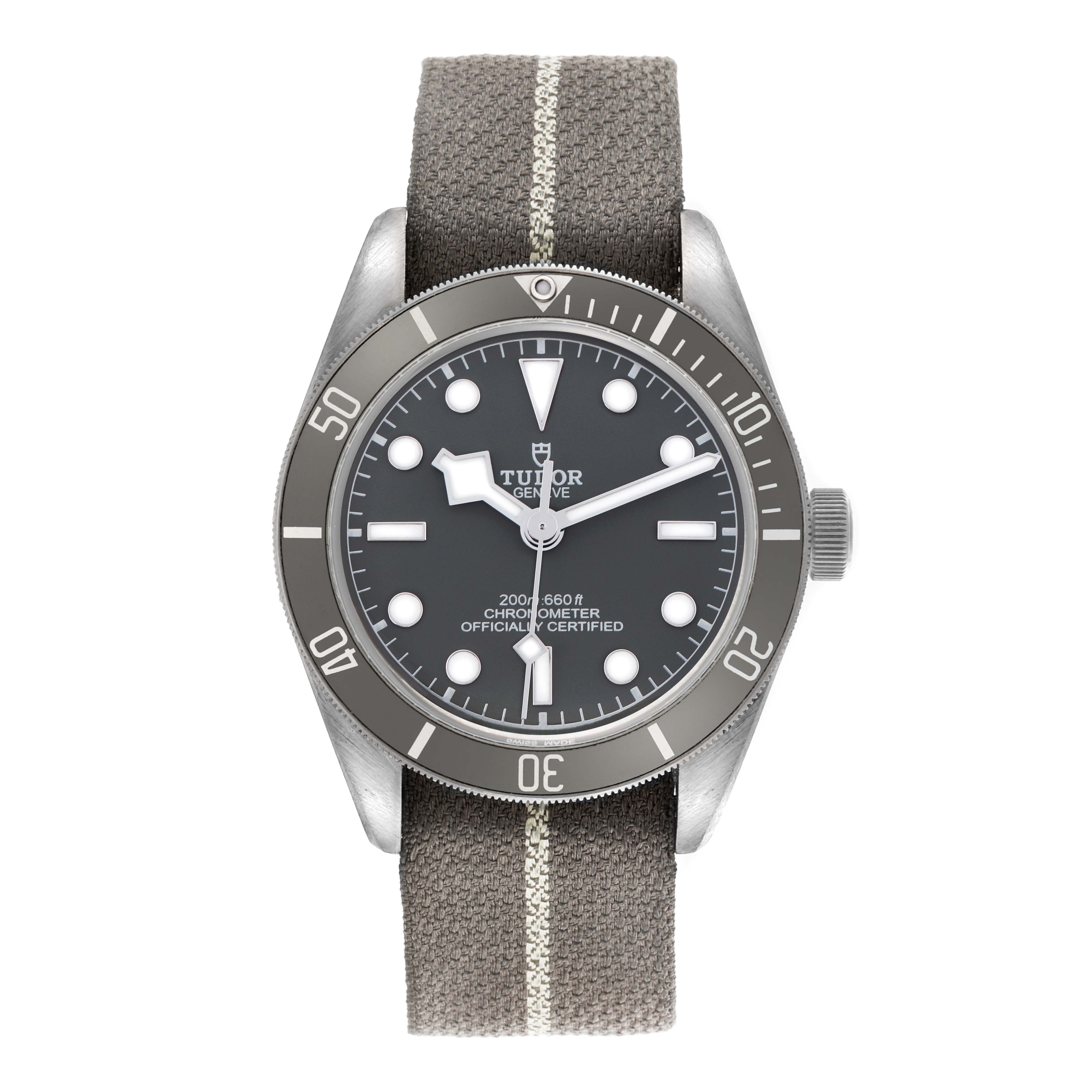 The Tudor Heritage Black Bay 79010 Men
s Stainless Steel Grey Dial 79010 Men
s Stainless Steel Grey Dial watch is shown from a front angle, displaying the face, bezel, and strap.