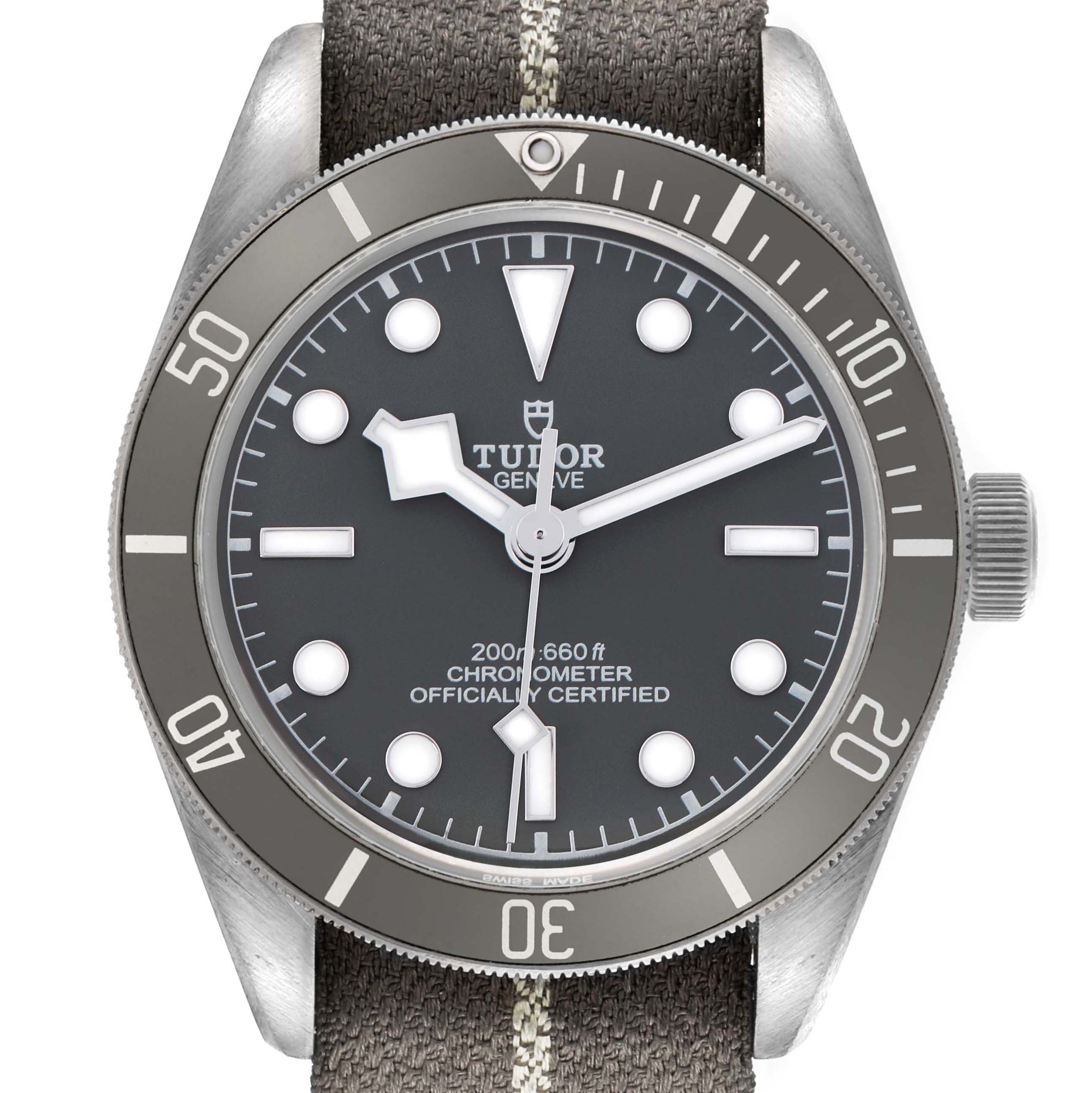 The Tudor Heritage Black Bay 79010 Men
s Stainless Steel Grey Dial 79010 Men
s Stainless Steel Grey Dial watch is shown from the front, displaying the dial, bezel, and strap.