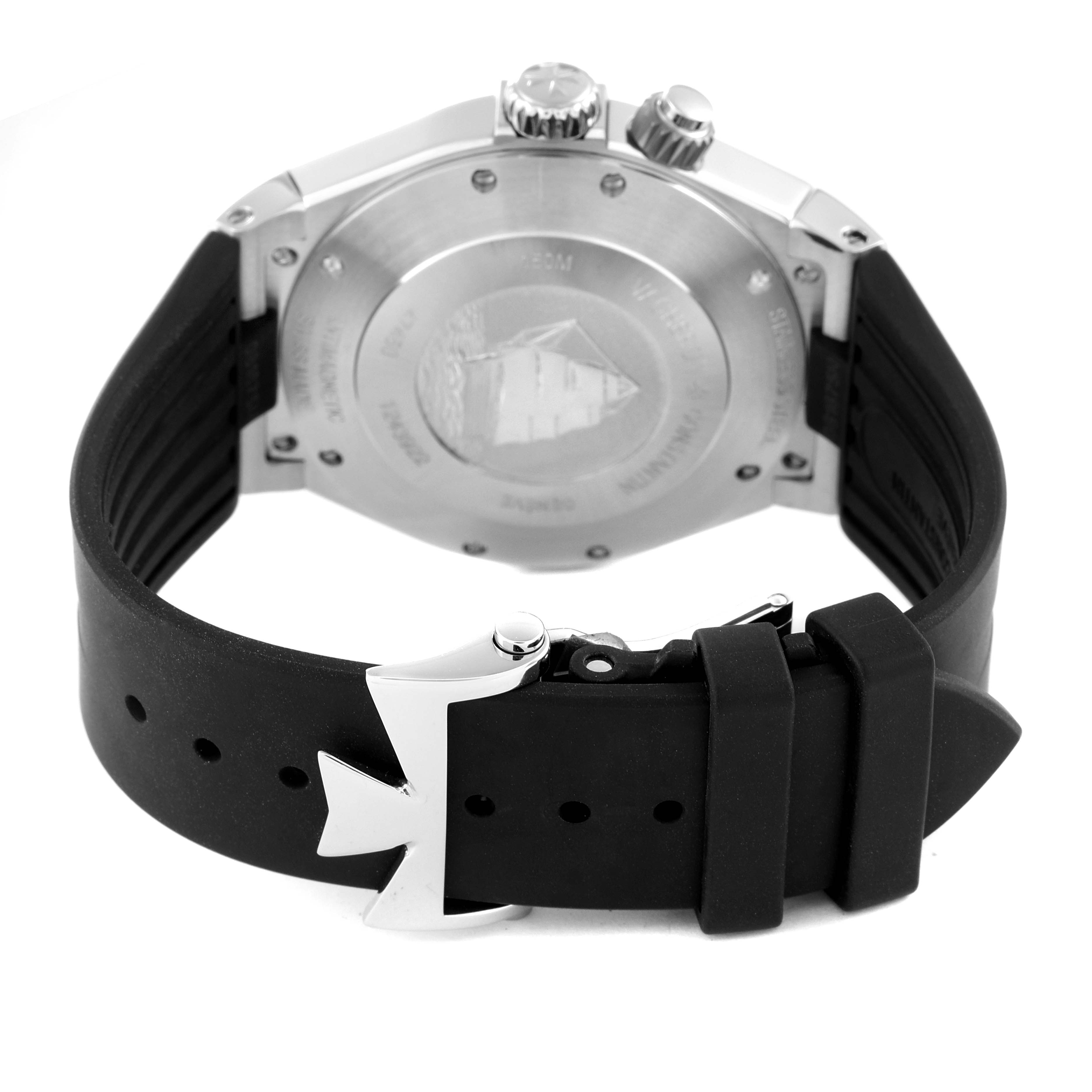 The image shows the back case, crown, and rubber strap with the clasp of a Vacheron Constantin Overseas 47450/000W-9511 Men's Stainless Steel Grey Dial 47450/000W-9511 Men's Stainless Steel Grey Dial watch.