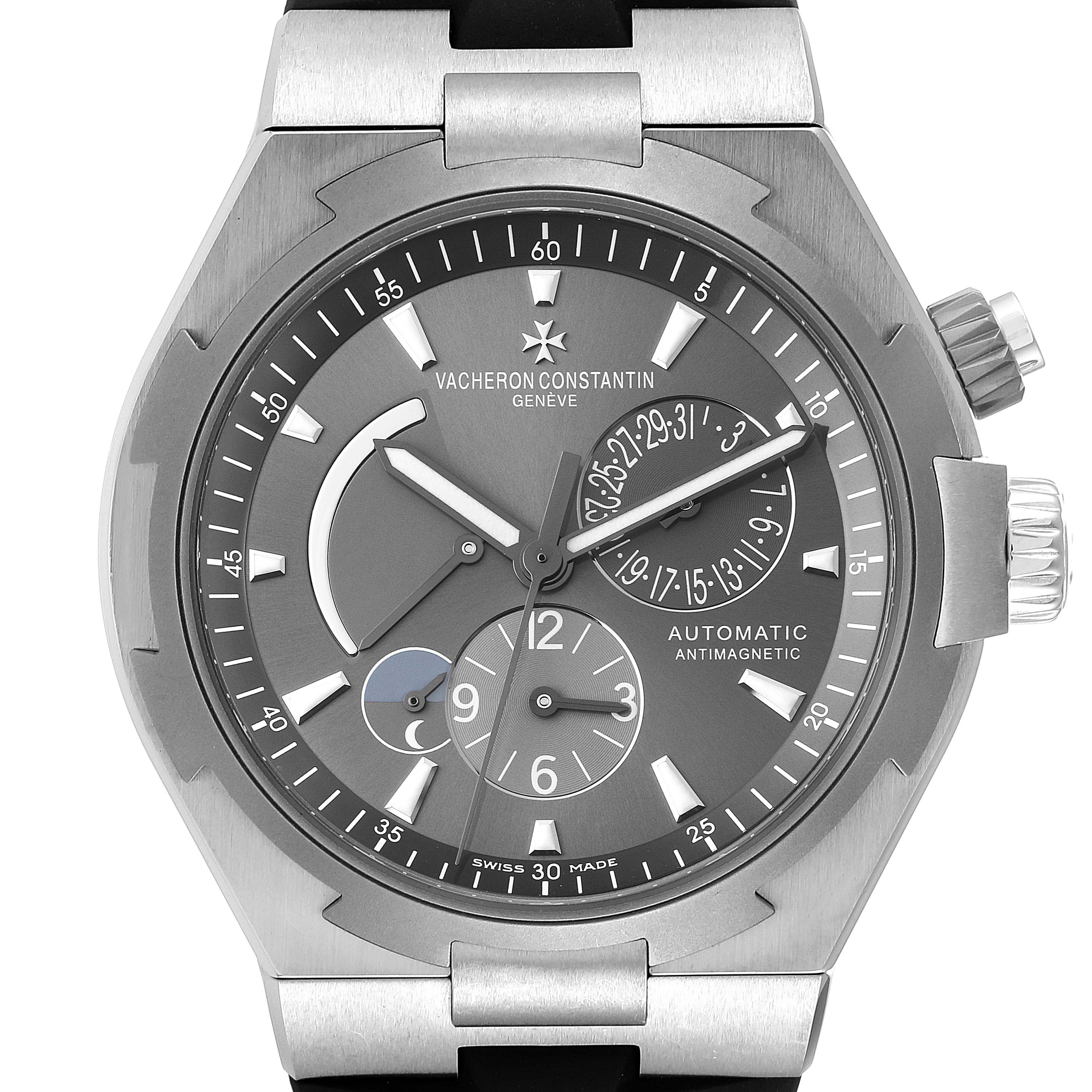 The image shows a front view of the Vacheron Constantin Overseas 47450/000W-9511 Men's Stainless Steel Grey Dial 47450/000W-9511 Men's Stainless Steel Grey Dial watch, highlighting its face, crown, and various sub-dials.