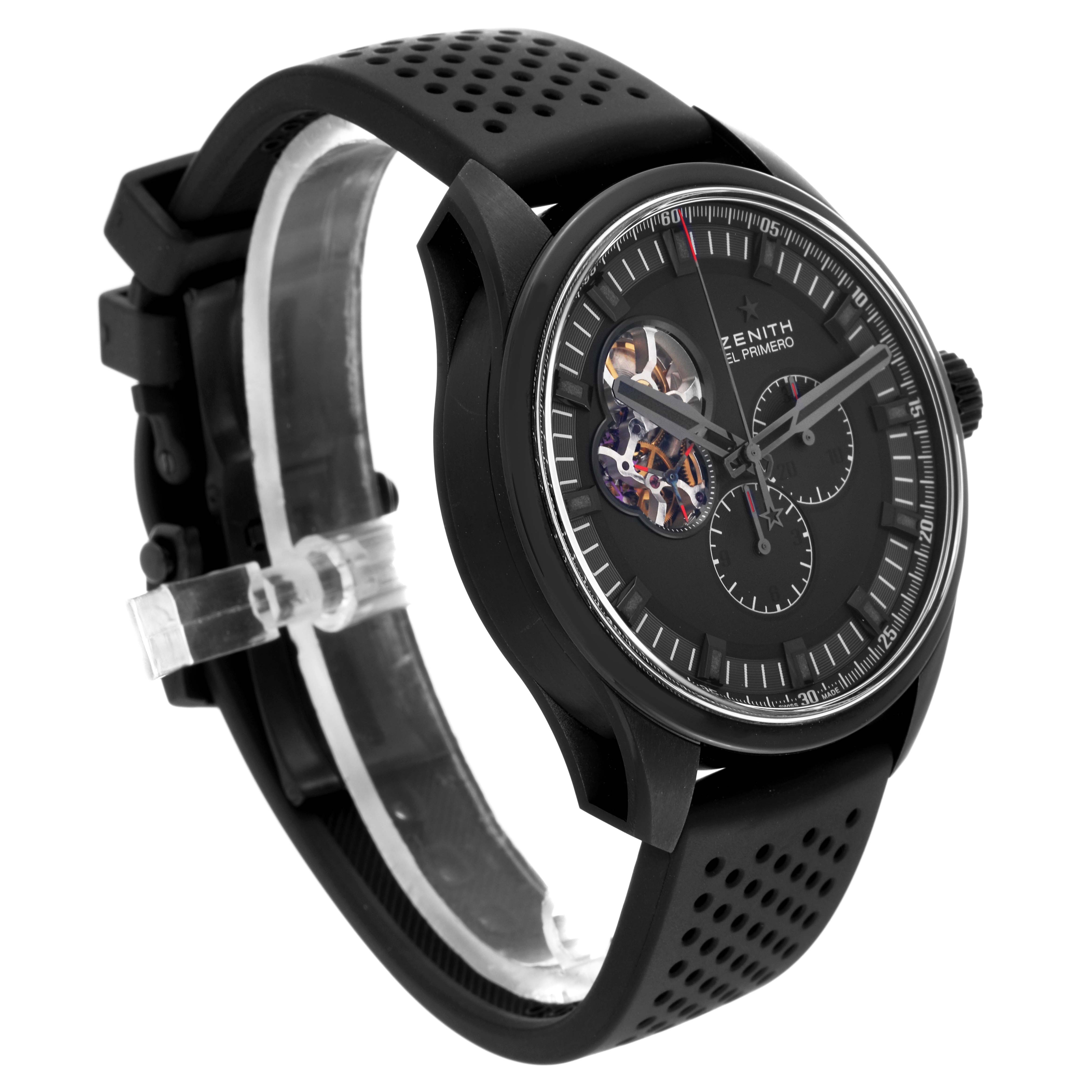 The image shows a side angle of the Zenith El Primero 96.2260.4061/21.R575 Men's Titanium Black Dial 96.2260.4061/21.R575 Men's Titanium Black Dial watch, highlighting the dial, hands, and black perforated strap.