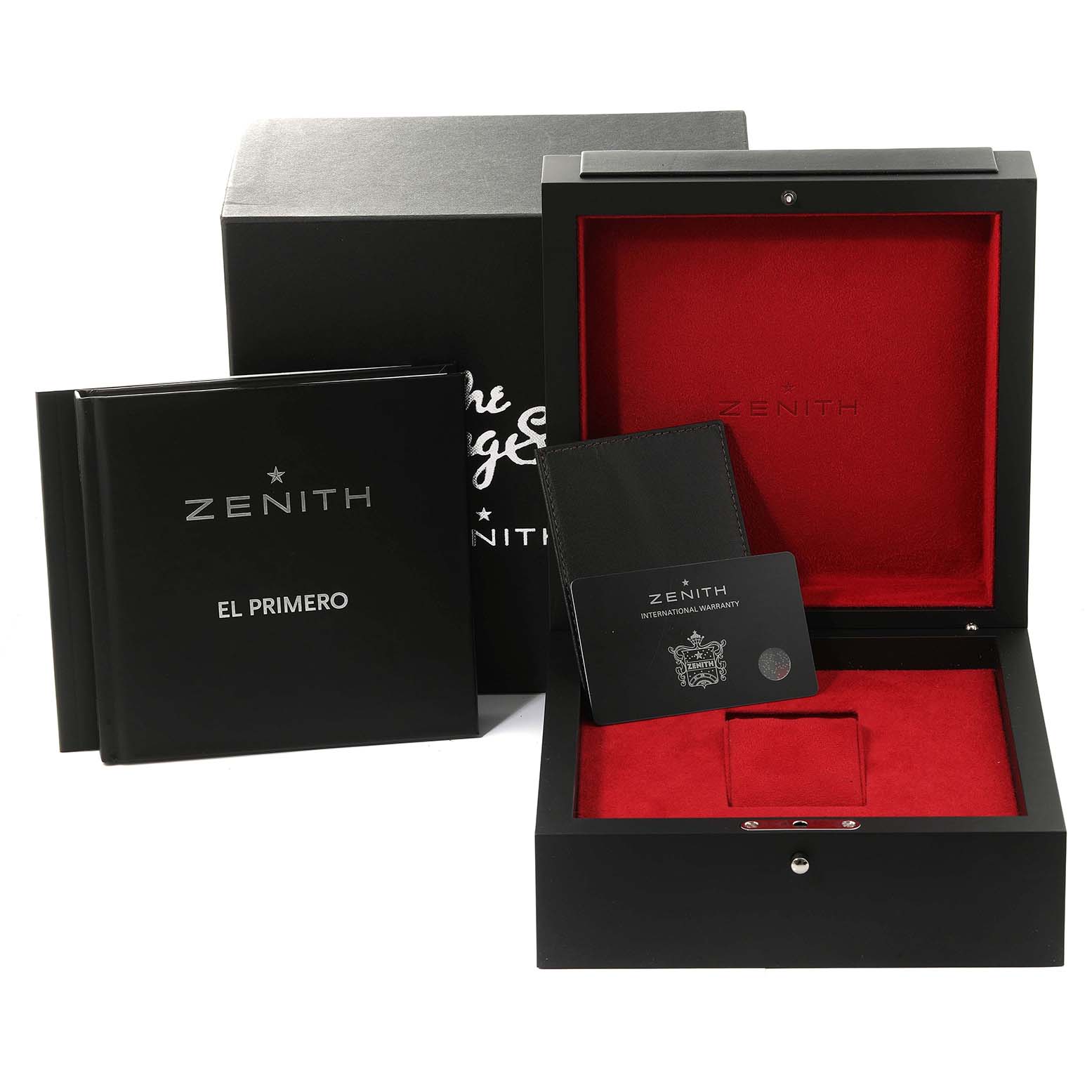 The image shows the packaging and accessories for the Zenith El Primero 96.2260.4061/21.R575 Men's Titanium Black Dial 96.2260.4061/21.R575 Men's Titanium Black Dial watch, including the box, manual, and warranty card.