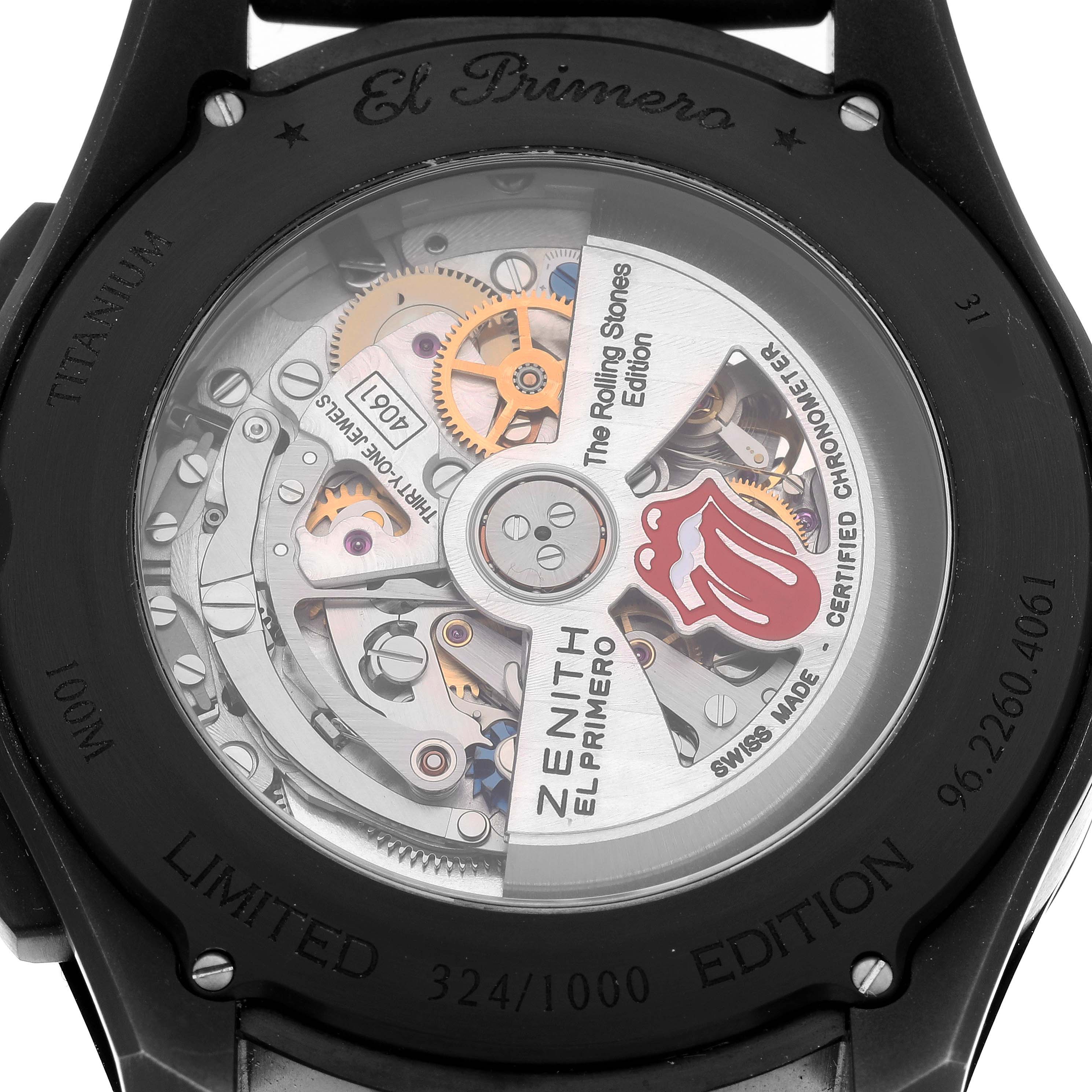 The image shows the back view of a Zenith El Primero 96.2260.4061/21.R575 Men's Titanium Black Dial 96.2260.4061/21.R575 Men's Titanium Black Dial watch, displaying its intricate movement and mechanics.