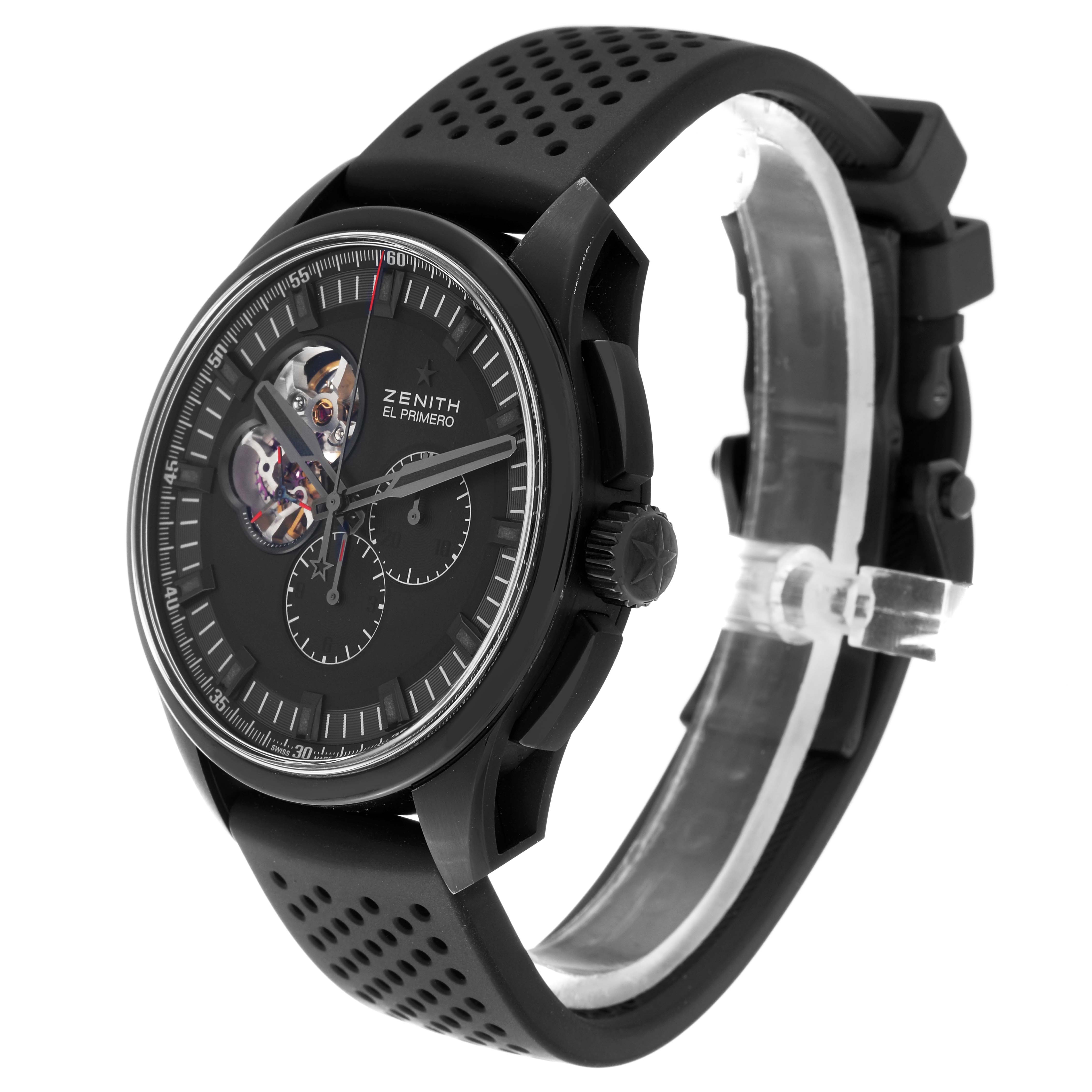 The Zenith El Primero 96.2260.4061/21.R575 Men's Titanium Black Dial 96.2260.4061/21.R575 Men's Titanium Black Dial watch is shown at a 3/4 angle, highlighting its dial, crown, and strap.