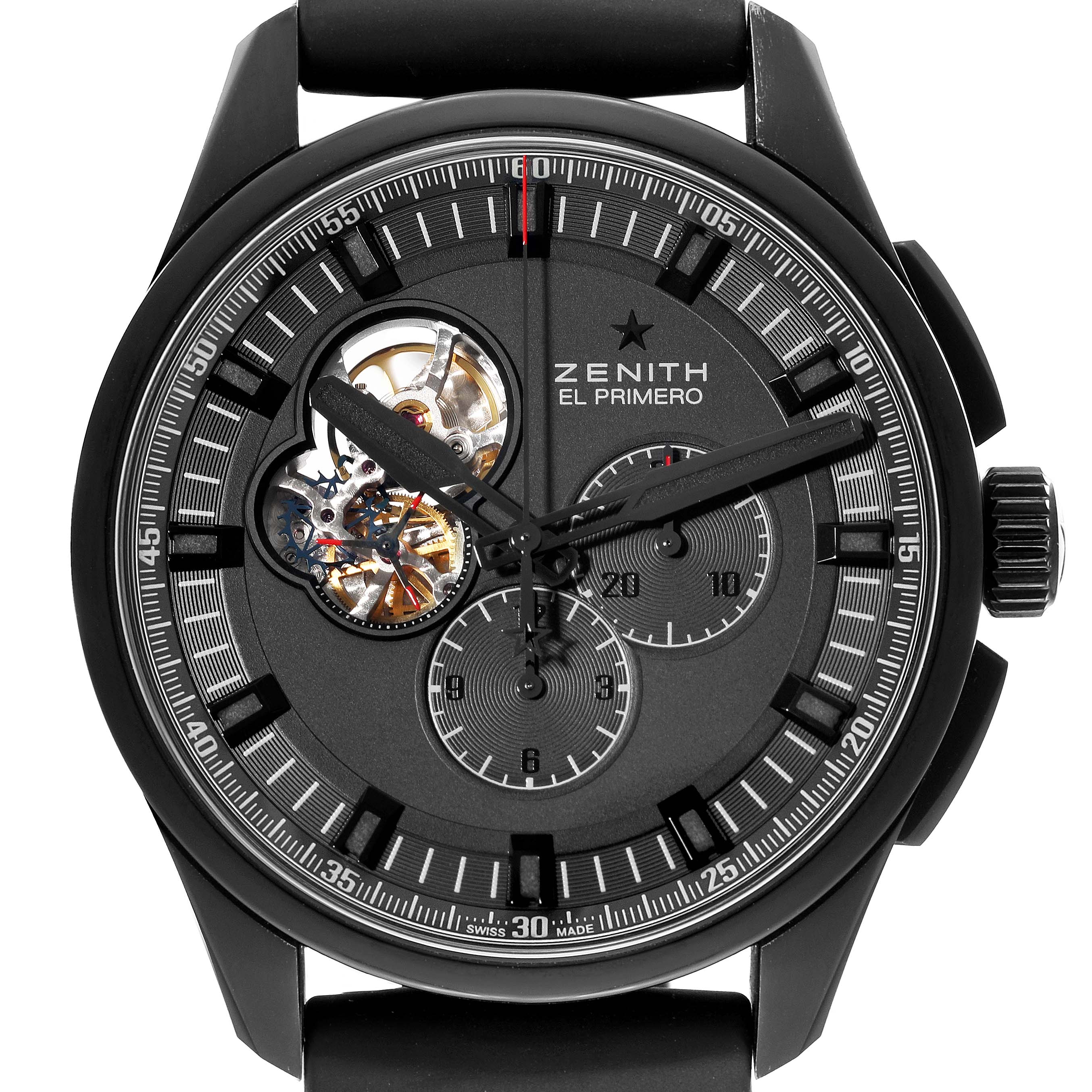 The image shows a front view of the Zenith El Primero 96.2260.4061/21.R575 Men's Titanium Black Dial 96.2260.4061/21.R575 Men's Titanium Black Dial watch, highlighting its dials and partially exposed mechanism.