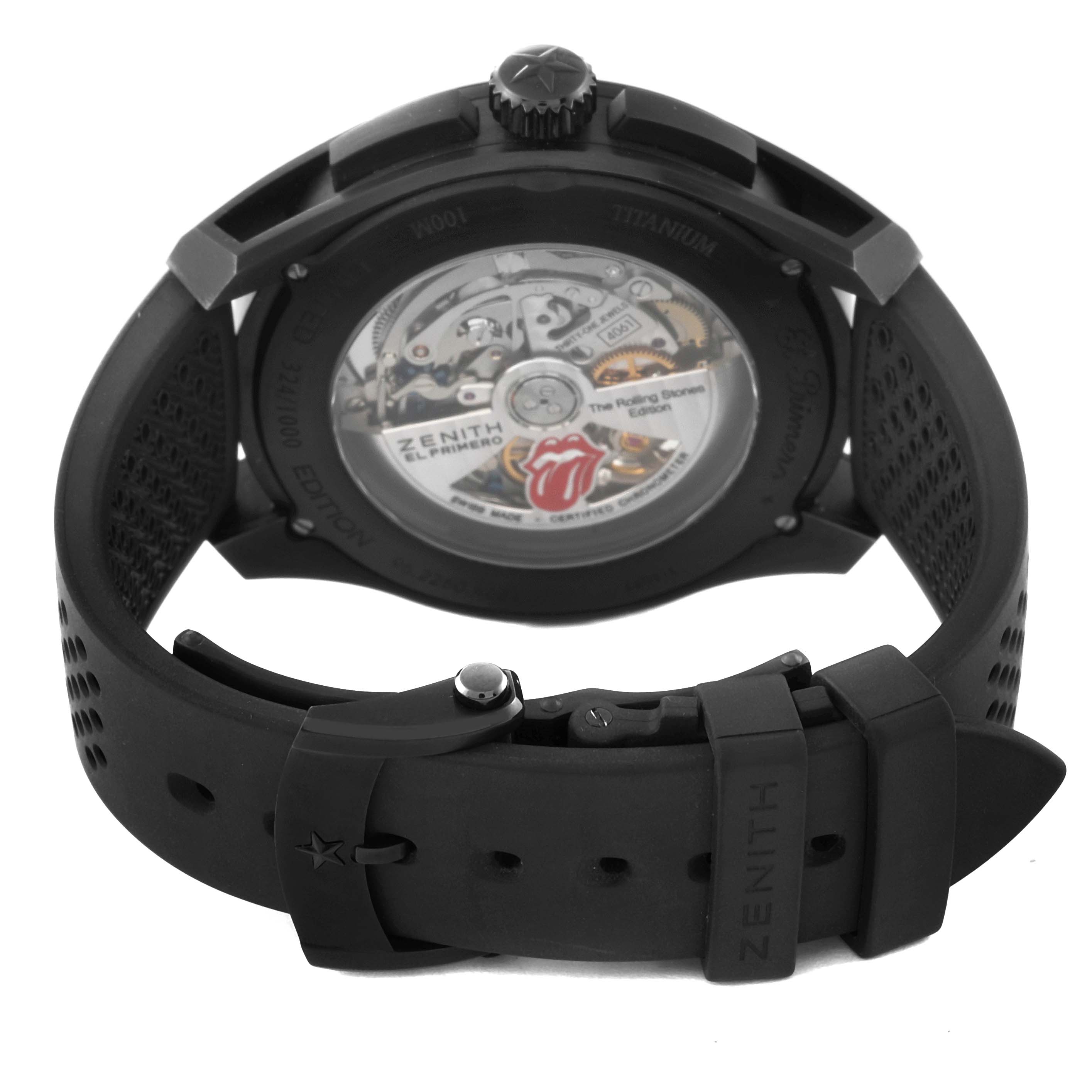 The image shows the back view of the Zenith El Primero 96.2260.4061/21.R575 Men's Titanium Black Dial 96.2260.4061/21.R575 Men's Titanium Black Dial watch, displaying its movement and black rubber strap.