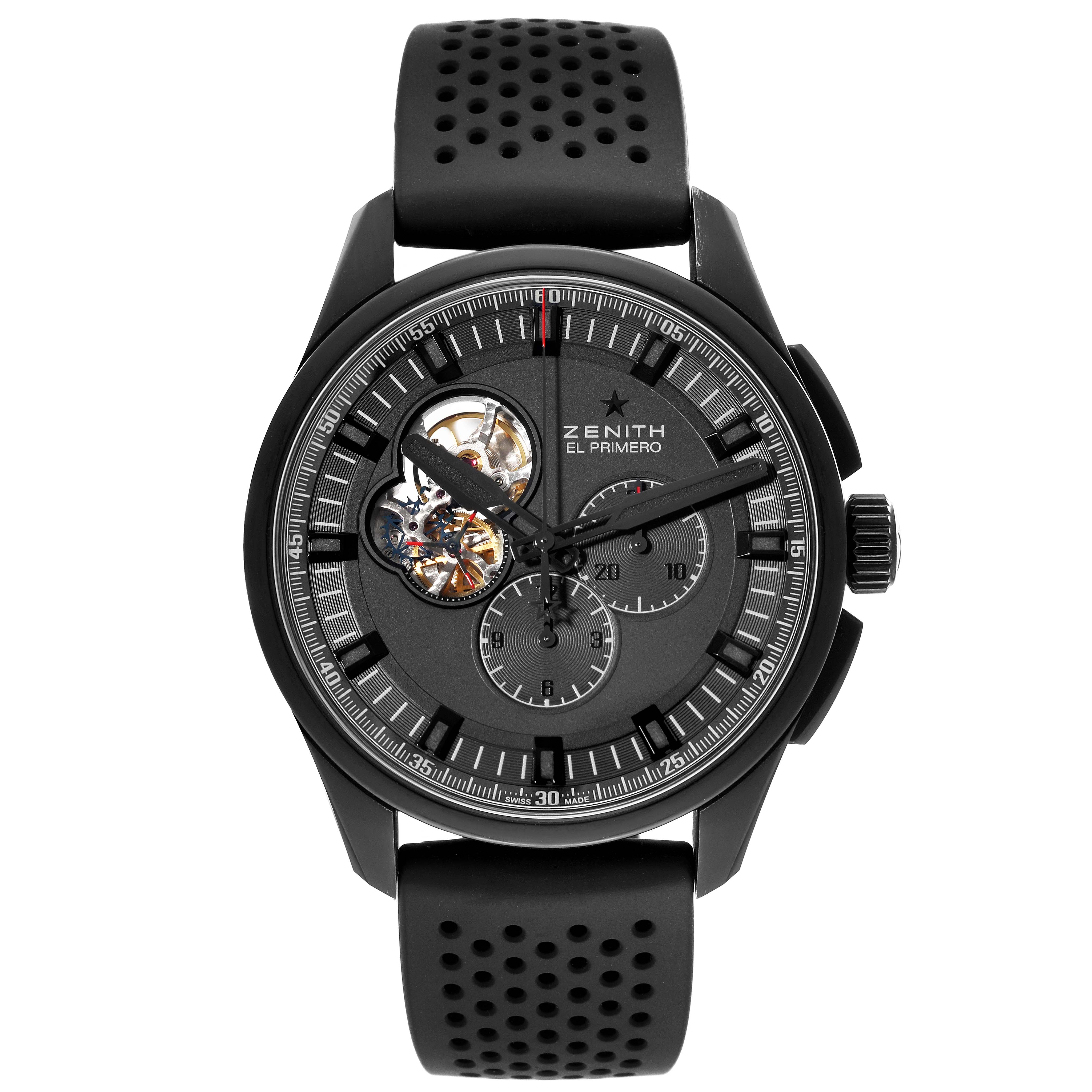 The Zenith El Primero 96.2260.4061/21.R575 Men's Titanium Black Dial 96.2260.4061/21.R575 Men's Titanium Black Dial watch is shown from the front with a partially open dial and a perforated black strap.