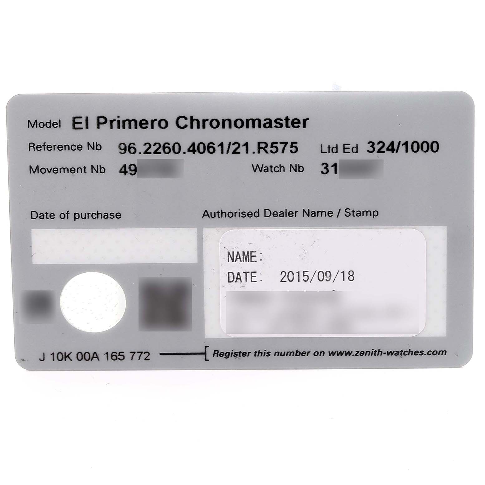 The image shows the warranty card for the Zenith El Primero 96.2260.4061/21.R575 Men's Titanium Black Dial 96.2260.4061/21.R575 Men's Titanium Black Dial Chronomaster, including information like model, reference, movement, and date of purchase.