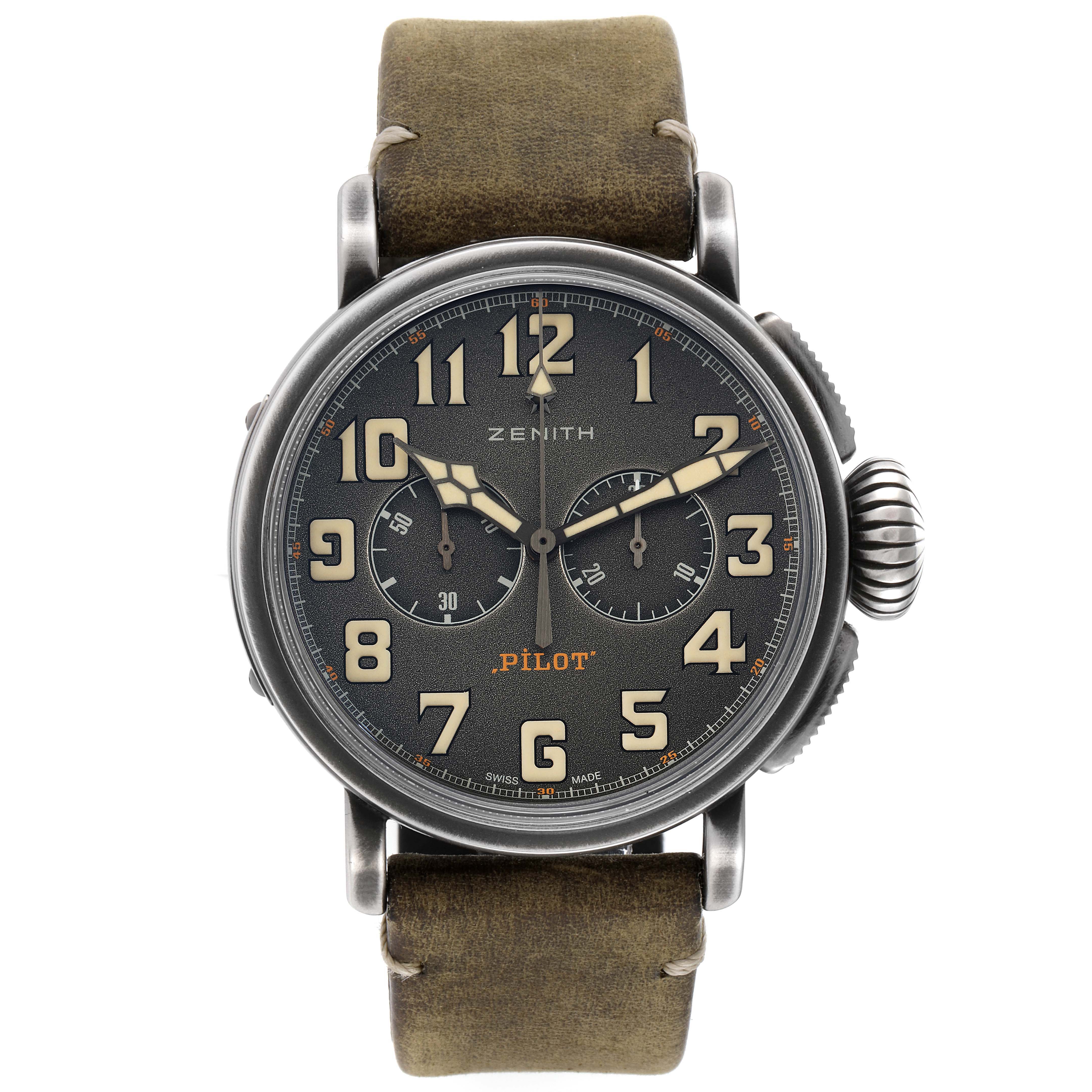 This Zenith Pilot 11.2430.4069/21.C773 Men's Stainless Steel Grey Dial 11.2430.4069/21.C773 Men's Stainless Steel Grey Dial watch is shown from a front view, displaying its dial, numerals, chronograph subdials, and leather strap.