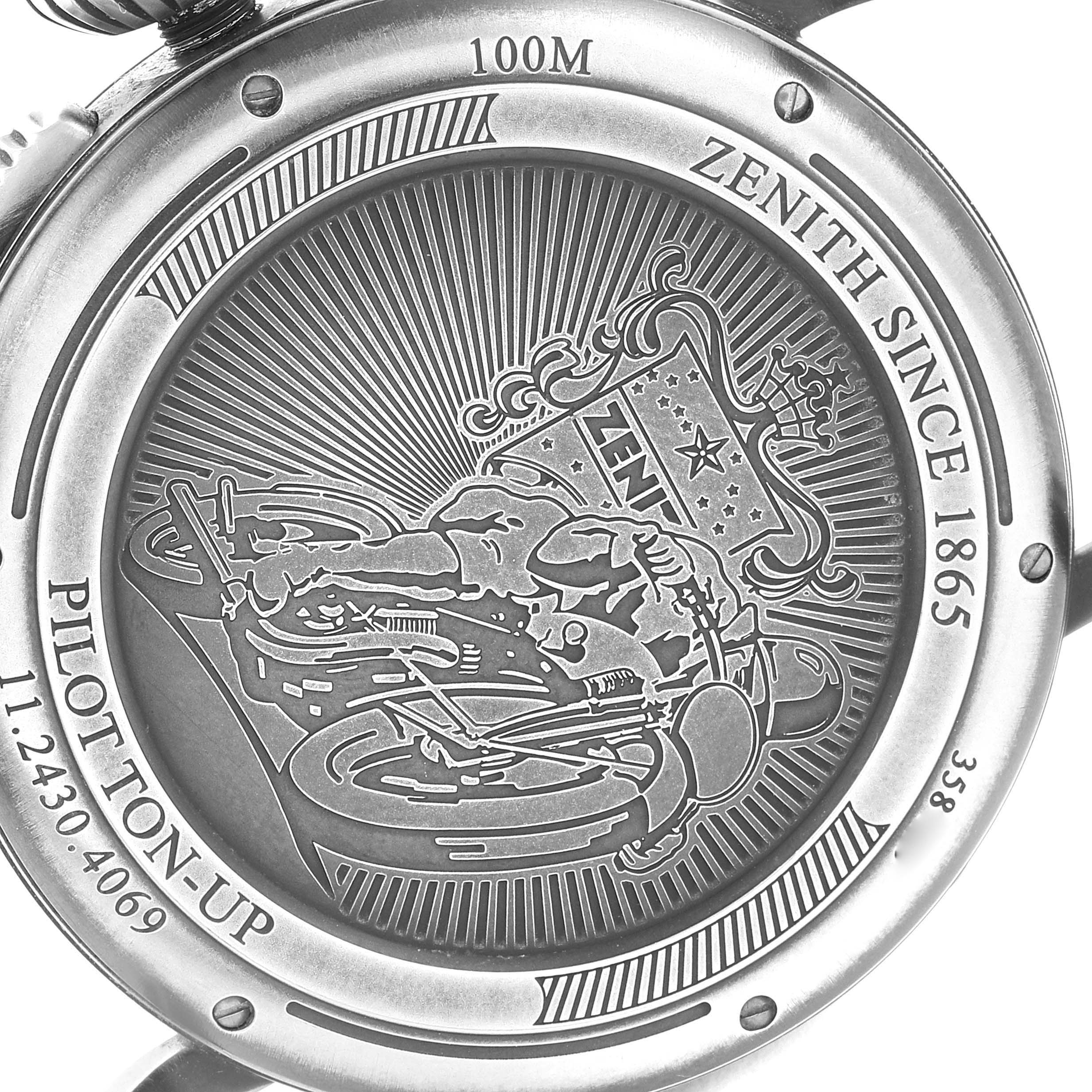 The image shows the back of a Zenith Pilot 11.2430.4069/21.C773 Men's Stainless Steel Grey Dial 11.2430.4069/21.C773 Men's Stainless Steel Grey Dial model watch, featuring engravings and branding details.