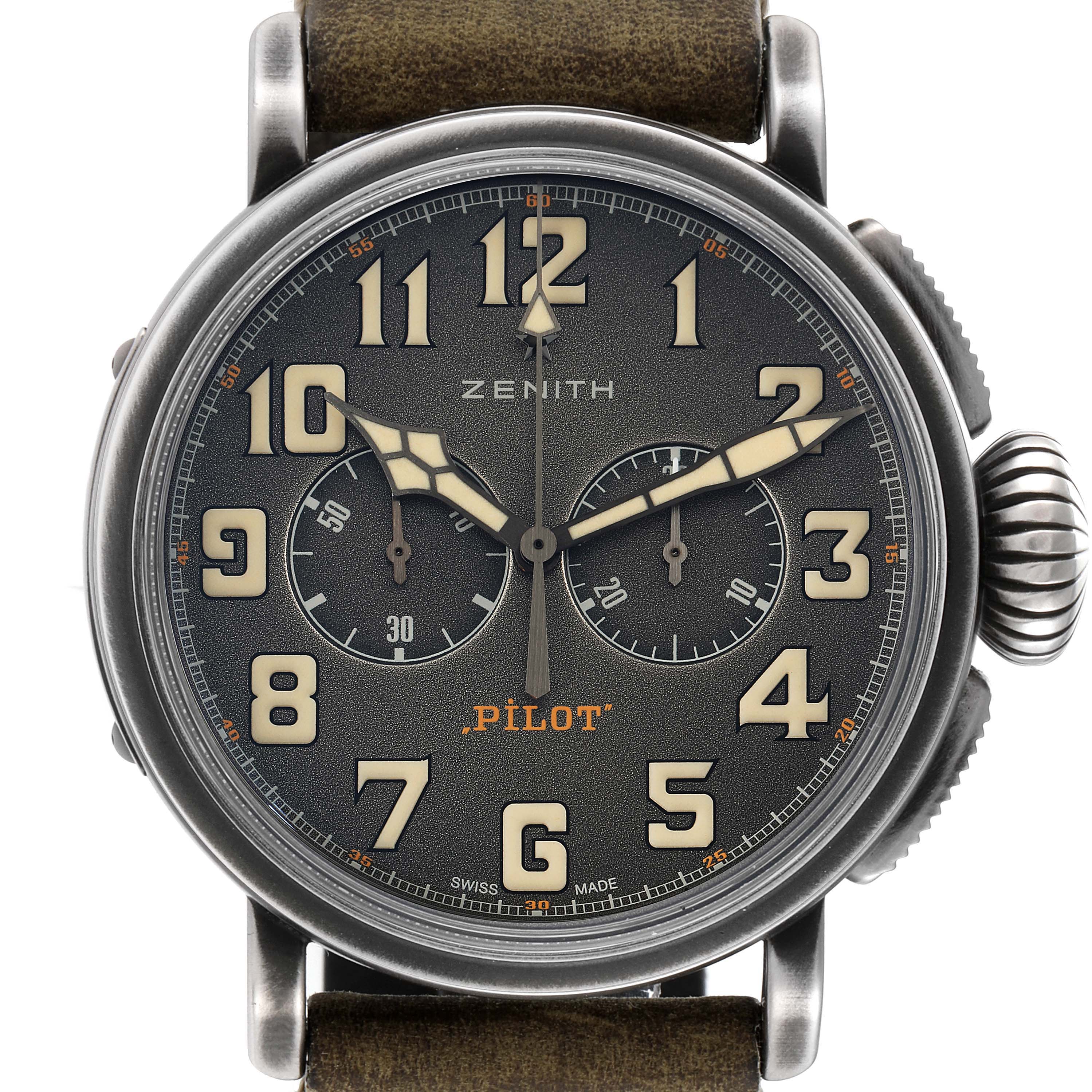 The image shows a front view of the Zenith Pilot 11.2430.4069/21.C773 Men's Stainless Steel Grey Dial 11.2430.4069/21.C773 Men's Stainless Steel Grey Dial watch, including its dial, numerals, and hands.