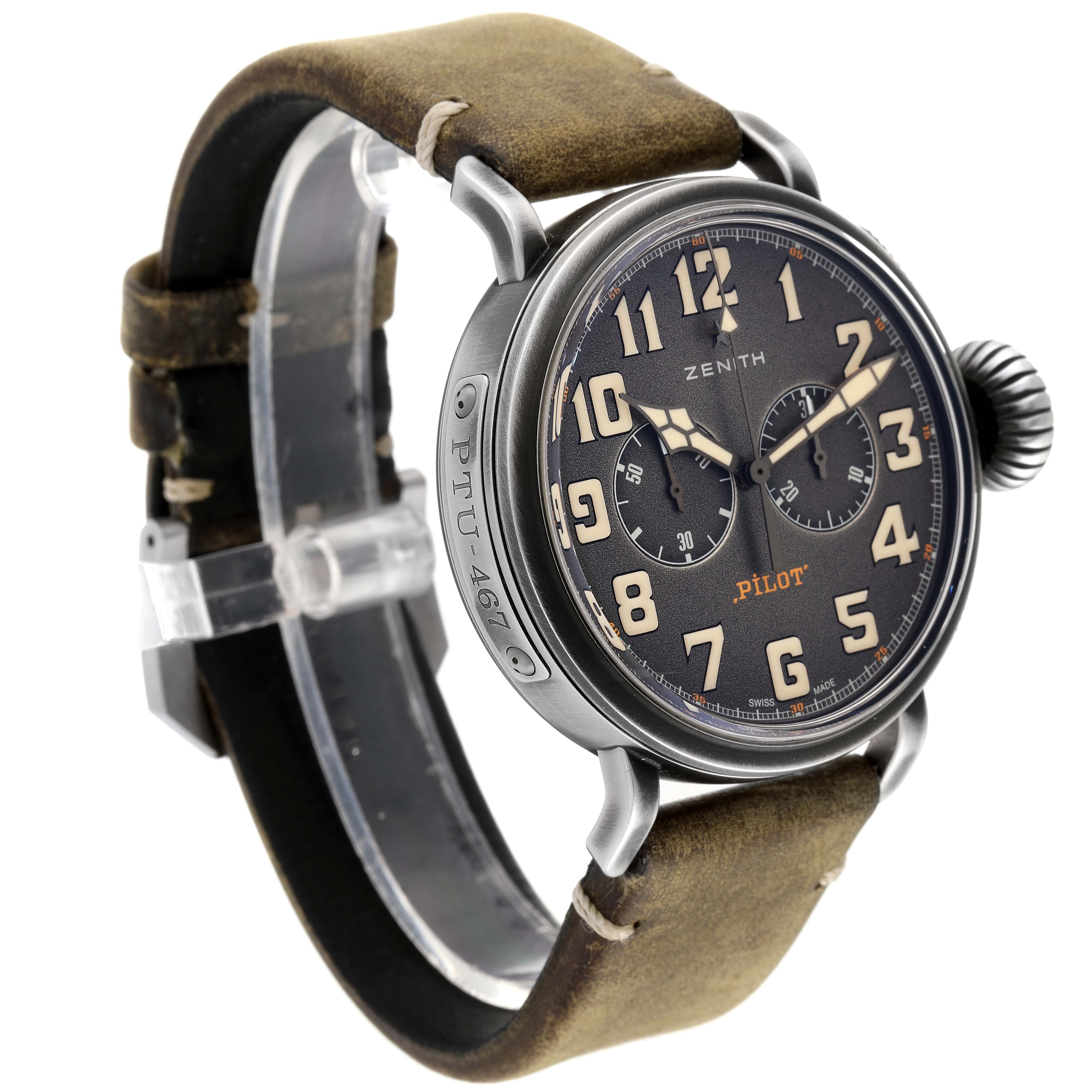 The image shows a side and front angle of the Zenith Pilot 11.2430.4069/21.C773 Men's Stainless Steel Grey Dial 11.2430.4069/21.C773 Men's Stainless Steel Grey Dial model watch, highlighting its dial, case, and leather strap.