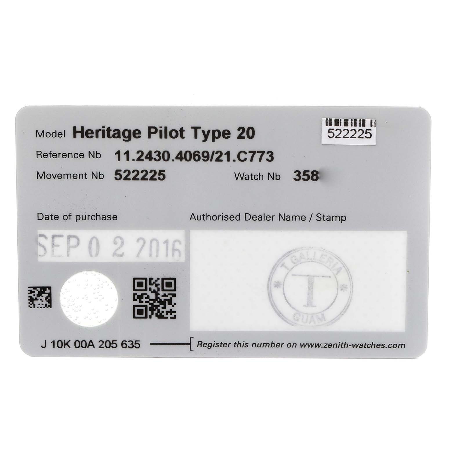 This image shows the warranty card for a Zenith Heritage Pilot Type 20 watch, containing model and purchase details.