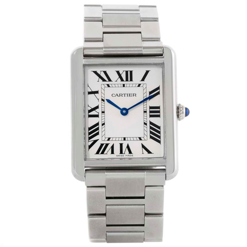 This image shows a frontal view of the Cartier Tank Solo W5200014 Men's Stainless Steel Silver Dial W5200014 Men's Stainless Steel Silver Dial watch, highlighting the face, Roman numerals, and stainless steel bracelet.