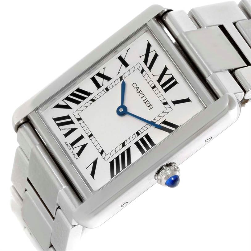 The image shows a Cartier Tank Solo W5200014 Men's Stainless Steel Silver Dial W5200014 Men's Stainless Steel Silver Dial watch angled to display its face, Roman numerals, blue hands, and metal bracelet.