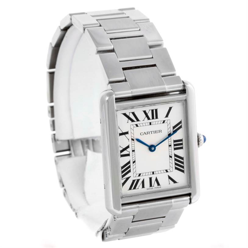 This image shows a Cartier Tank Solo W5200014 Men's Stainless Steel Silver Dial W5200014 Men's Stainless Steel Silver Dial watch at a slight angle, displaying its face, bracelet, and side profile.