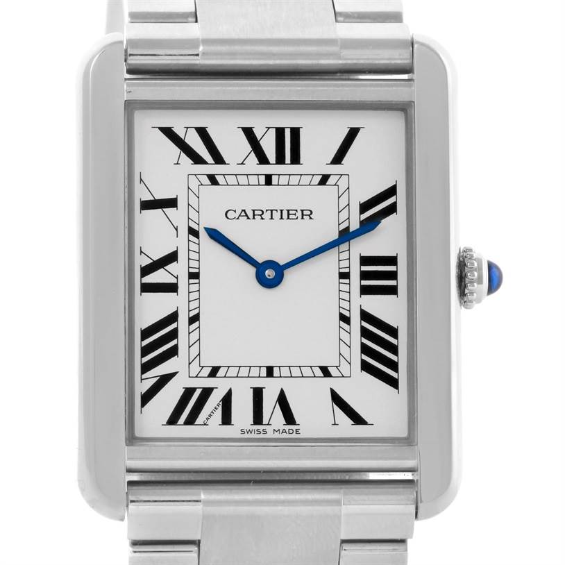 The image shows the face and bezel of the Cartier Tank Solo W5200014 Stainless Steel Silver Dial W5200014 Stainless Steel Silver Dial watch, featuring Roman numerals and blue hands, at a front angle.
