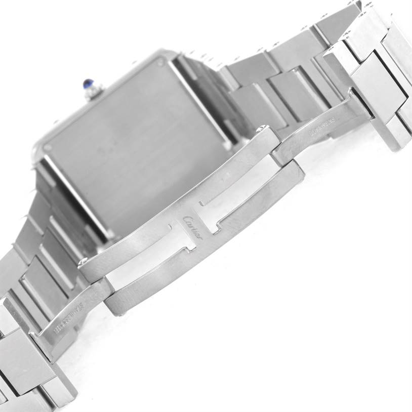 This image shows the clasp and part of the metal bracelet of a Cartier Tank Solo W5200014 Stainless Steel Silver Dial W5200014 Stainless Steel Silver Dial watch, viewed from the backside.