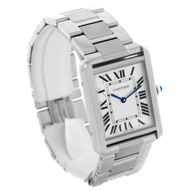 The Cartier Tank Solo W5200014 Stainless Steel Silver Dial W5200014 Stainless Steel Silver Dial watch is displayed at a three-quarter angle, showing its face, rectangular case, stainless steel bracelet, and crown.