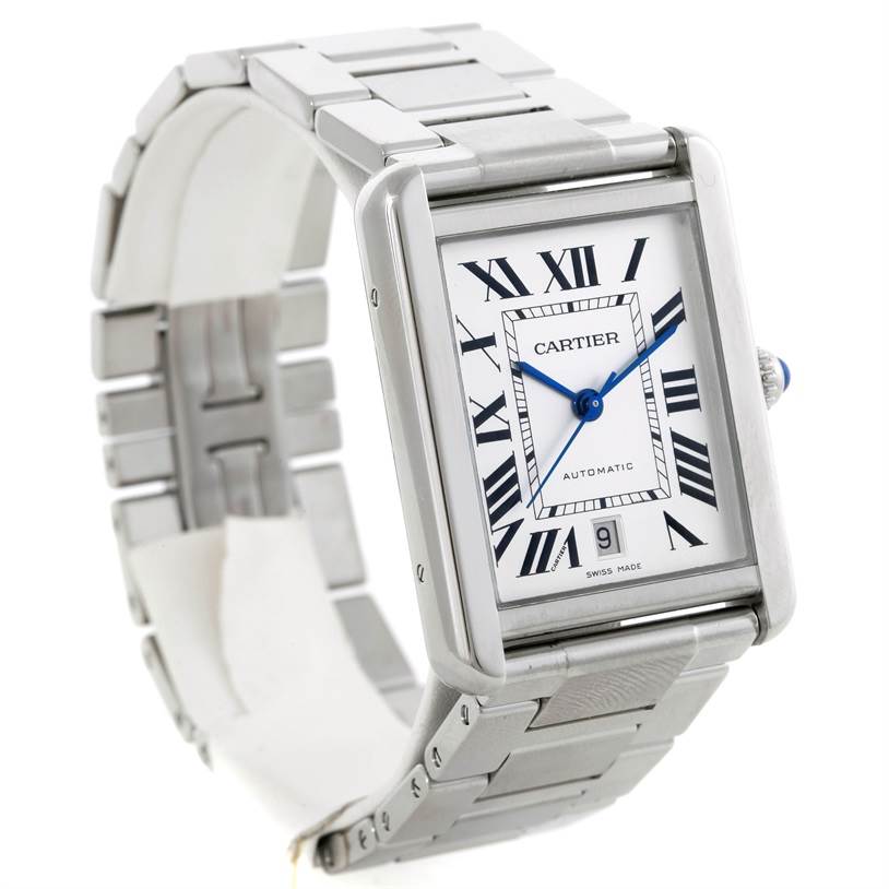 The Cartier Tank Solo W5200028 Men
s Stainless Steel Silver Dial W5200028 Men
s Stainless Steel Silver Dial watch is shown at an angled close-up, highlighting its face, bezel, and bracelet.