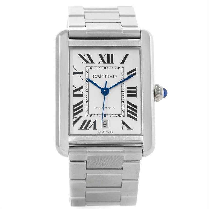 The image shows a frontal view of a Cartier Tank Solo W5200028 Men
s Stainless Steel Silver Dial W5200028 Men
s Stainless Steel Silver Dial watch, highlighting its rectangular face, Roman numerals, and metal bracelet.