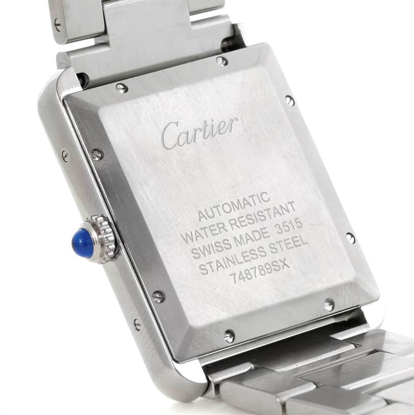 This image shows the back view of a Tank Solo model by Cartier, featuring the stainless steel case and bracelet.