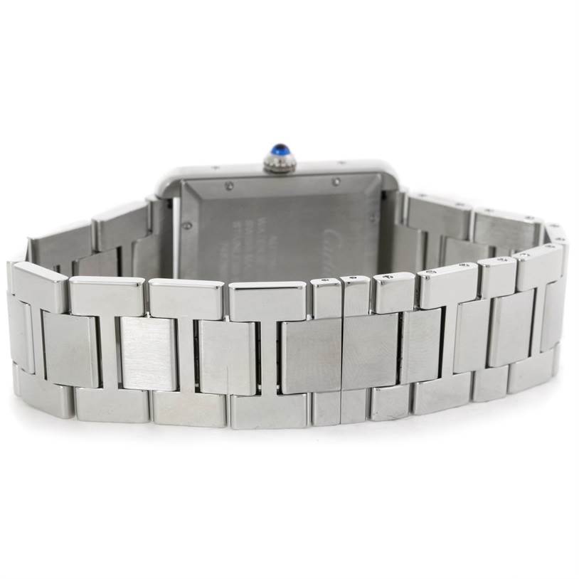 The image shows the back view of the Cartier Tank Solo W5200028 Men
s Stainless Steel Silver Dial W5200028 Men
s Stainless Steel Silver Dial watch, highlighting its stainless steel bracelet and case back.