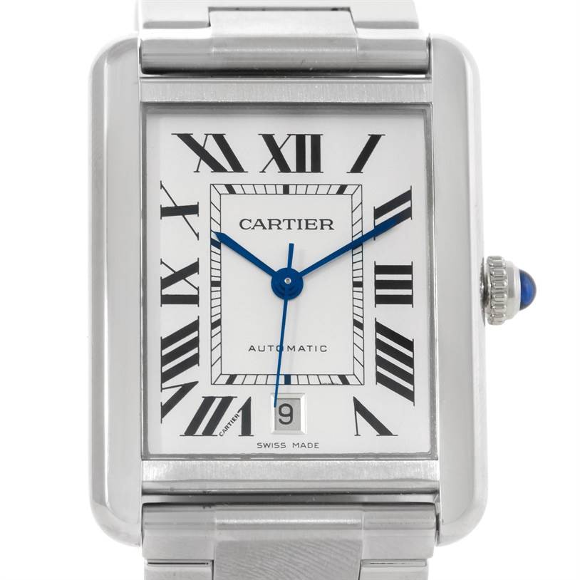 This image shows the face of the Cartier Tank Solo W5200028 Men
s Stainless Steel Silver Dial W5200028 Men
s Stainless Steel Silver Dial watch, featuring blue hands, Roman numerals, and a date window.