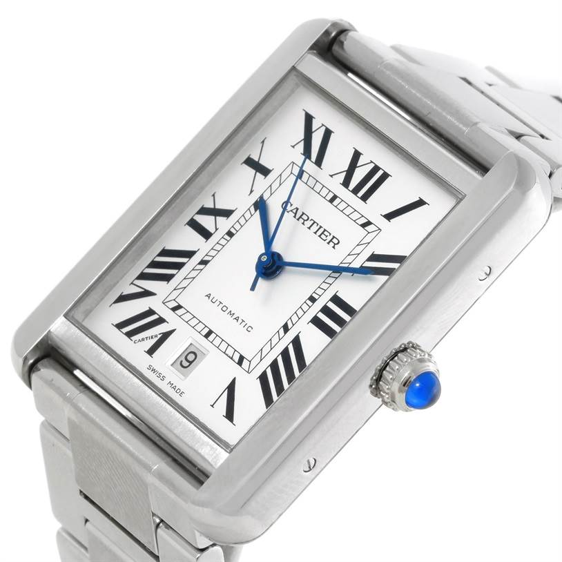 The image shows a close-up, angled view of the Cartier Tank Solo W5200028 Men
s Stainless Steel Silver Dial W5200028 Men
s Stainless Steel Silver Dial watch highlighting the dial, Roman numerals, and crown.