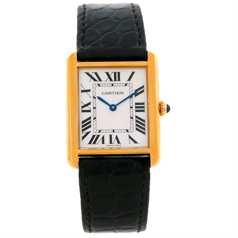 The image shows a front view of the Cartier Tank Solo W1018855 Men
s Steel and Gold (two tone) Silver Dial W1018855 Men
s Steel and Gold (two tone) Silver Dial watch, highlighting the face, roman numerals, hands, and black leather strap.