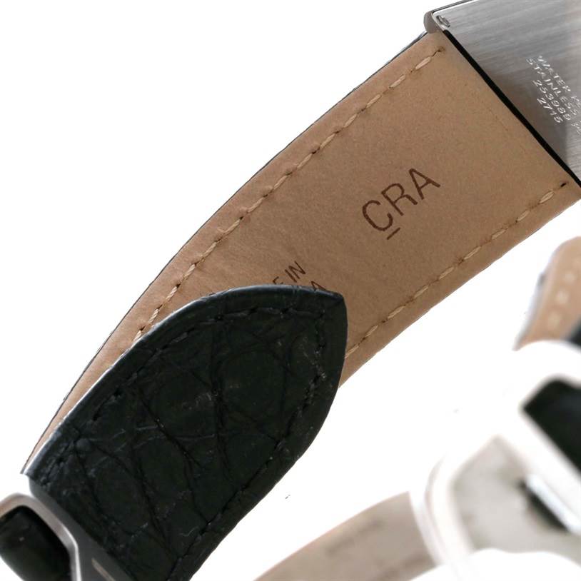 The image shows the inner leather strap and part of the clasp of the Cartier Tank Solo W1018355 Men
s Stainless Steel Silver Dial W1018355 Men
s Stainless Steel Silver Dial watch.