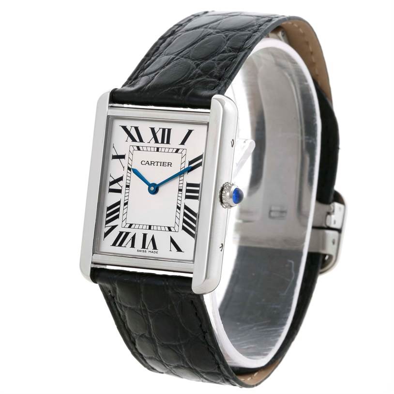 The Cartier Tank Solo W1018355 Men
s Stainless Steel Silver Dial W1018355 Men
s Stainless Steel Silver Dial watch is shown at a slight angle, displaying the face, crown, and leather strap.