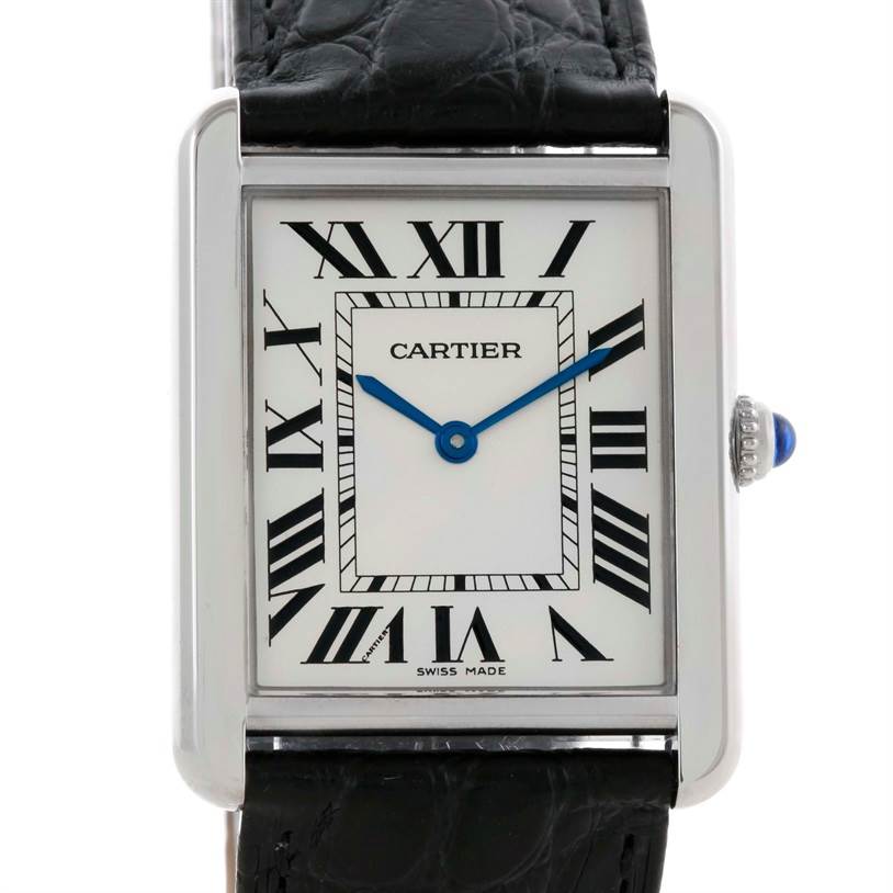 This image shows a front view of the Cartier Tank Solo W1018355 Men
s Stainless Steel Silver Dial W1018355 Men
s Stainless Steel Silver Dial watch, displaying the face, Roman numerals, hands, and part of the strap.