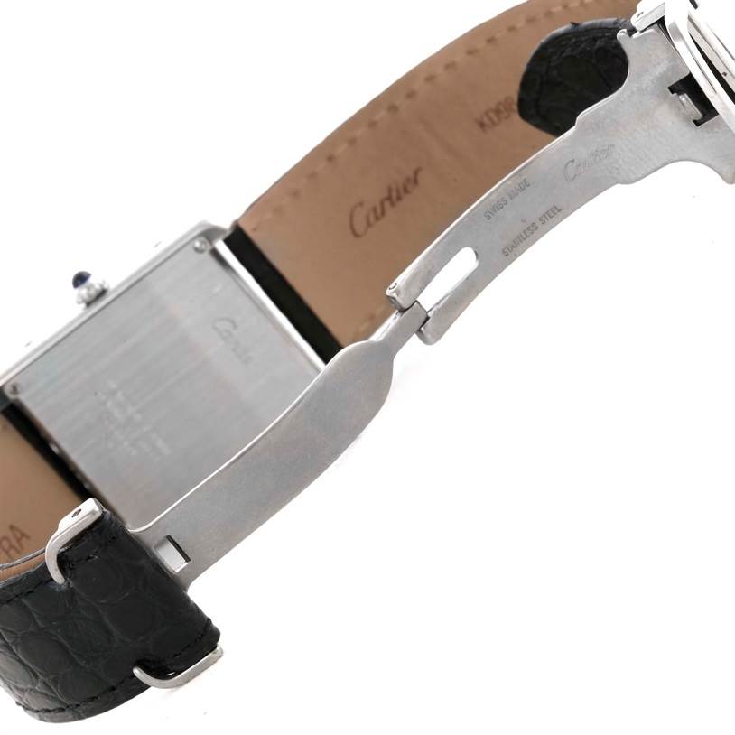 The image shows the back and clasp of a Cartier Tank Solo W1018355 Men
s Stainless Steel Silver Dial W1018355 Men
s Stainless Steel Silver Dial model watch, including the leather strap and stainless steel deployment buckle.