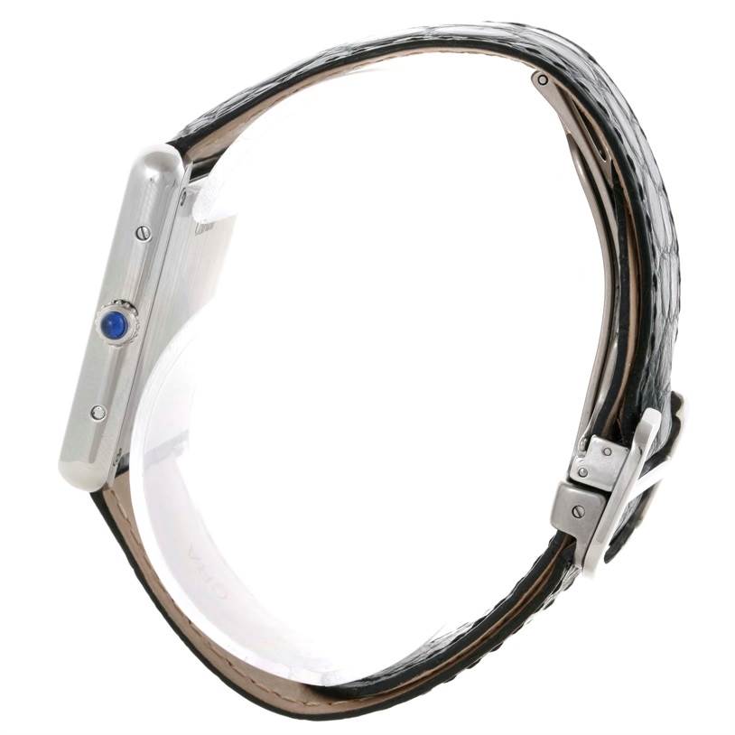This angle shows the side profile and part of the band of the Cartier Tank Solo W1018355 Men
s Stainless Steel Silver Dial W1018355 Men
s Stainless Steel Silver Dial watch.
