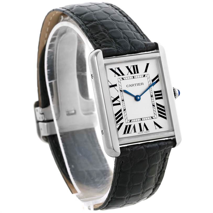 The image shows a Cartier Tank Solo W1018355 Stainless Steel Silver Dial W1018355 Stainless Steel Silver Dial watch at a three-quarter angle, displaying its black leather strap and rectangular face with Roman numerals.