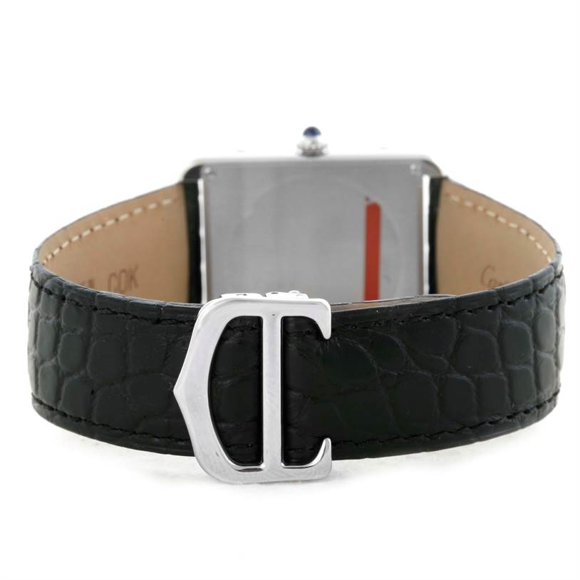 The image shows a rear angle of a Cartier Tank Solo W1018355 Stainless Steel Silver Dial W1018355 Stainless Steel Silver Dial watch, focusing on the black leather strap with a metal clasp.