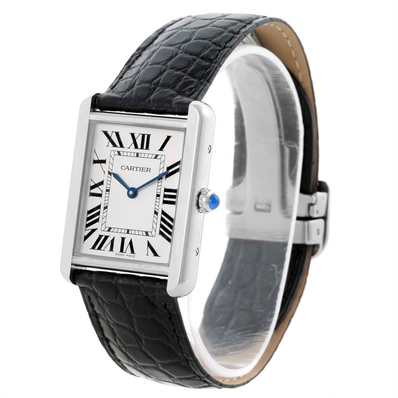 The image shows a Cartier Tank Solo W1018355 Stainless Steel Silver Dial W1018355 Stainless Steel Silver Dial watch angled from the front and slightly above, highlighting its face, bezel, strap, and crown.