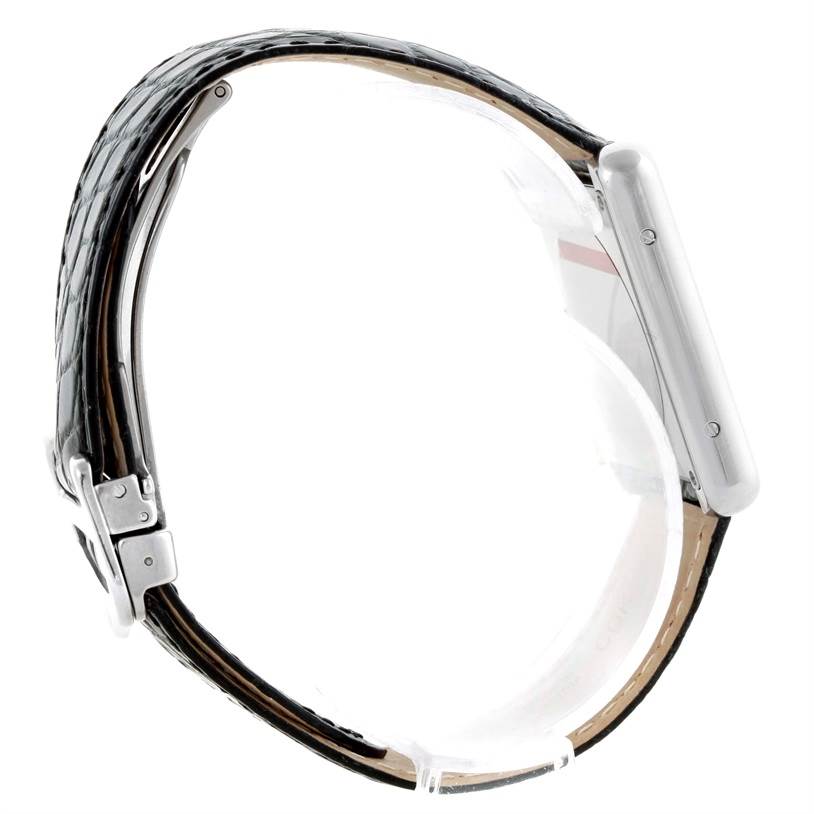 The image shows a side view of the Cartier Tank Solo W1018355 Stainless Steel Silver Dial W1018355 Stainless Steel Silver Dial watch, highlighting the case, bezel, and strap.