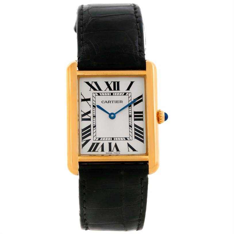 The image shows a Cartier Tank Solo W1018855 Men
s Steel and Gold (two tone) Silver Dial W1018855 Men
s Steel and Gold (two tone) Silver Dial watch from a front angle, featuring a gold case, Roman numeral dial, blue hands, and a black leather strap.