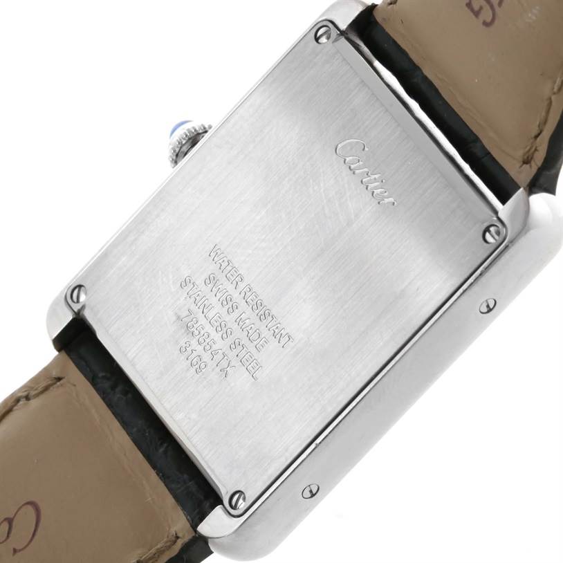 The image shows the back case and strap of the Cartier Tank Solo W1018355 Men's Stainless Steel Silver Dial W1018355 Men's Stainless Steel Silver Dial watch, highlighting its inscriptions and stainless steel material.