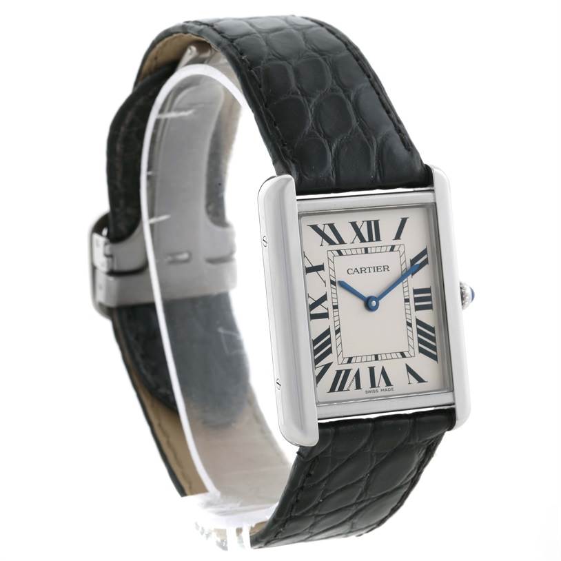The image shows a front angled view of a Cartier Tank Solo W1018355 Men's Stainless Steel Silver Dial W1018355 Men's Stainless Steel Silver Dial watch, featuring the face, bezel, and leather strap.