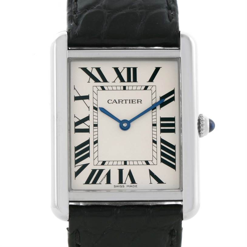 The image shows a Cartier Tank Solo W1018355 Men's Stainless Steel Silver Dial W1018355 Men's Stainless Steel Silver Dial watch with its rectangular face, Roman numeral dial, and black leather strap, viewed from the front.